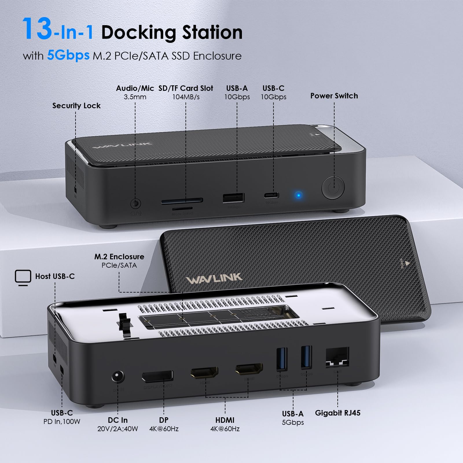 Wavlink Usb C Docking Station 3 Monitors, 13 In 1 Usb C Hub With 10Gbps M.2 Pcie/Sata Ssd Enclosure, Expands Macbook/Mac Mini (M4/M3/M2/M1), 4K@60Hz Hdmi/Dp, 100W Pd, Usb C/Usb A, Sd/Tf, Gigabit Rj45