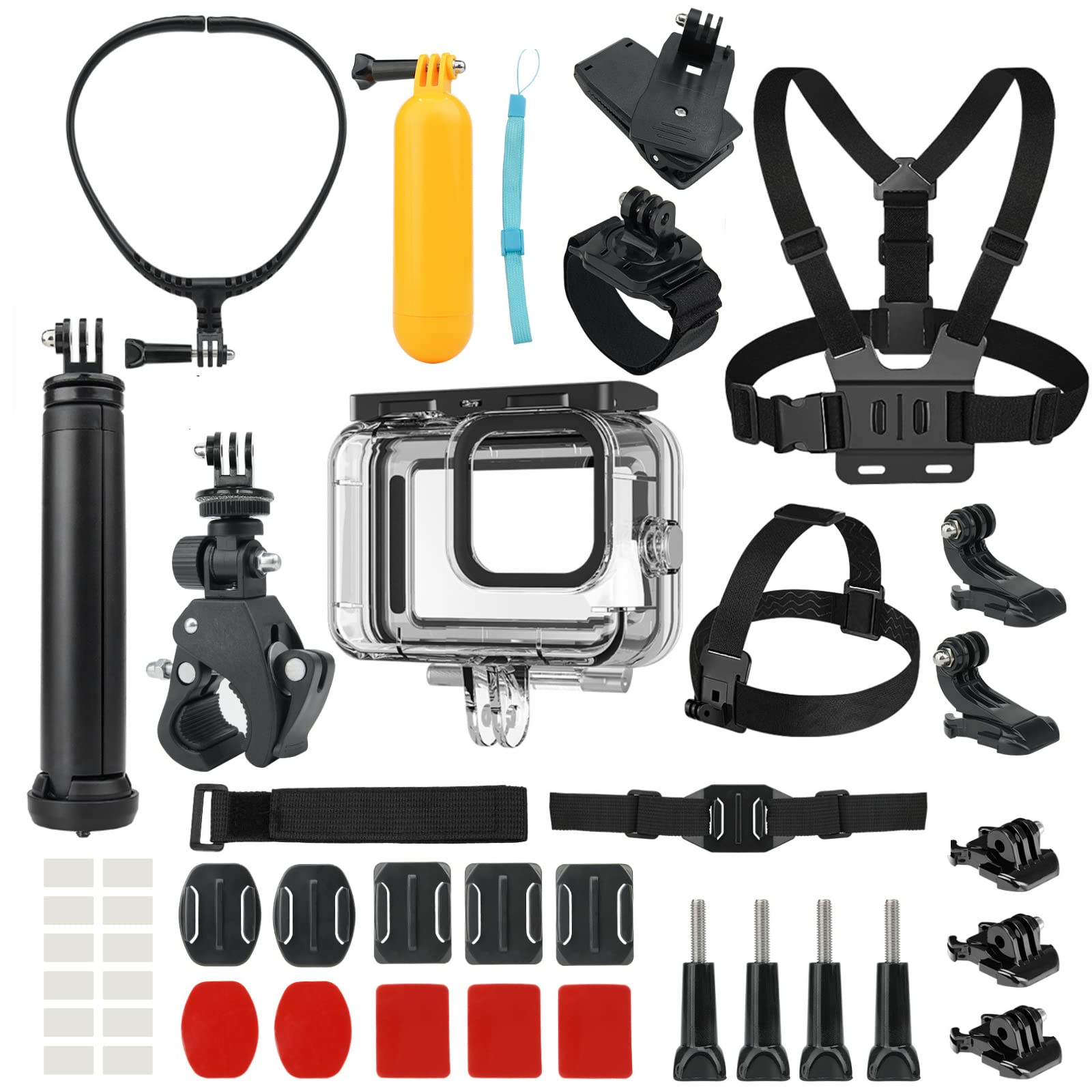 Action Camera Accessories Kit W/Waterproof Case For Gopro, Neck Mount+Selfie Stick+Bike Mount For Gopro Hero 11 10 9 8 7 6 5 4 G