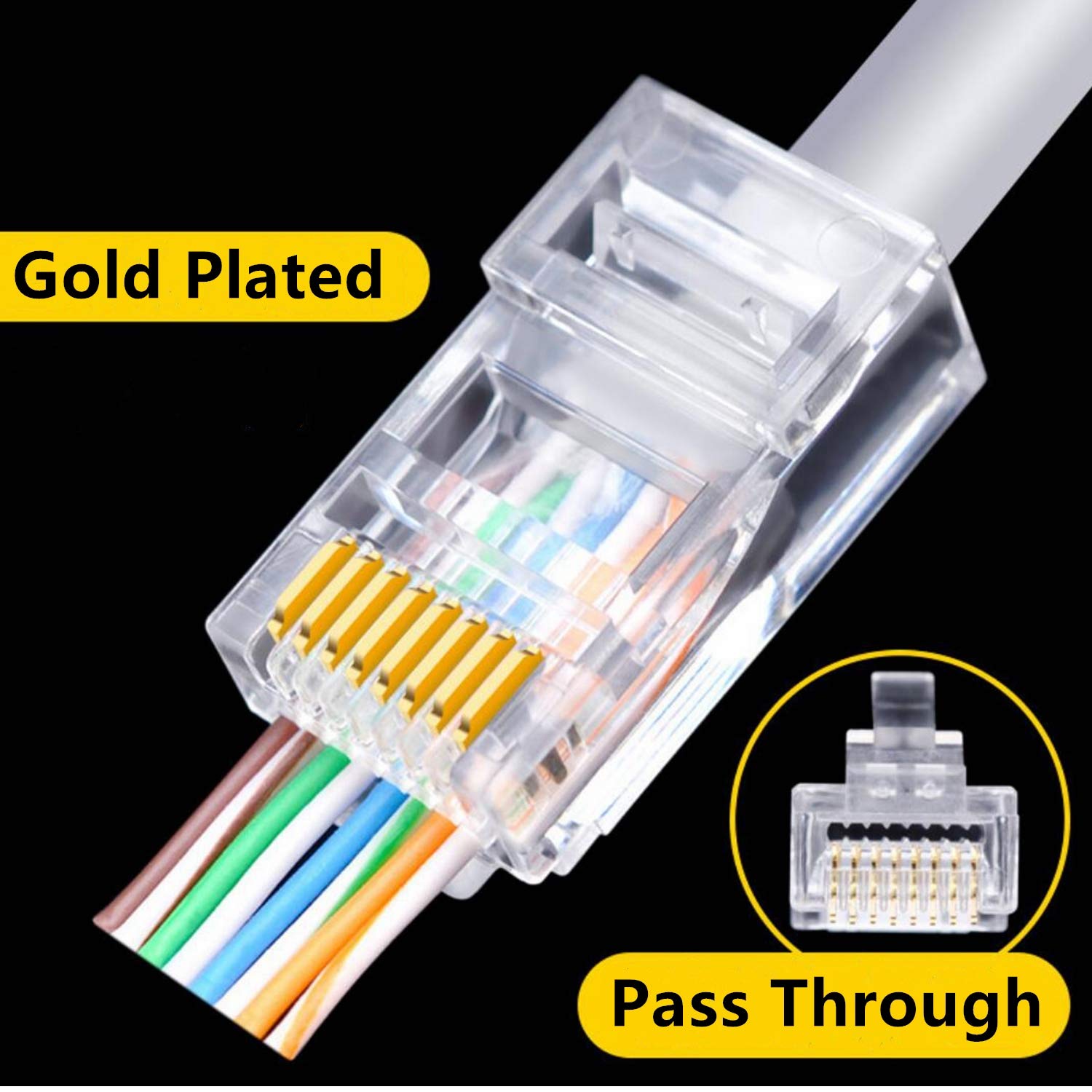 Yankok [Rj45 Cat6 Pass Through Connectors 8P8C Gold Plated 3 Prong Pins For Cat6 Ethernet Cables Easy And Fast Termination Unshi
