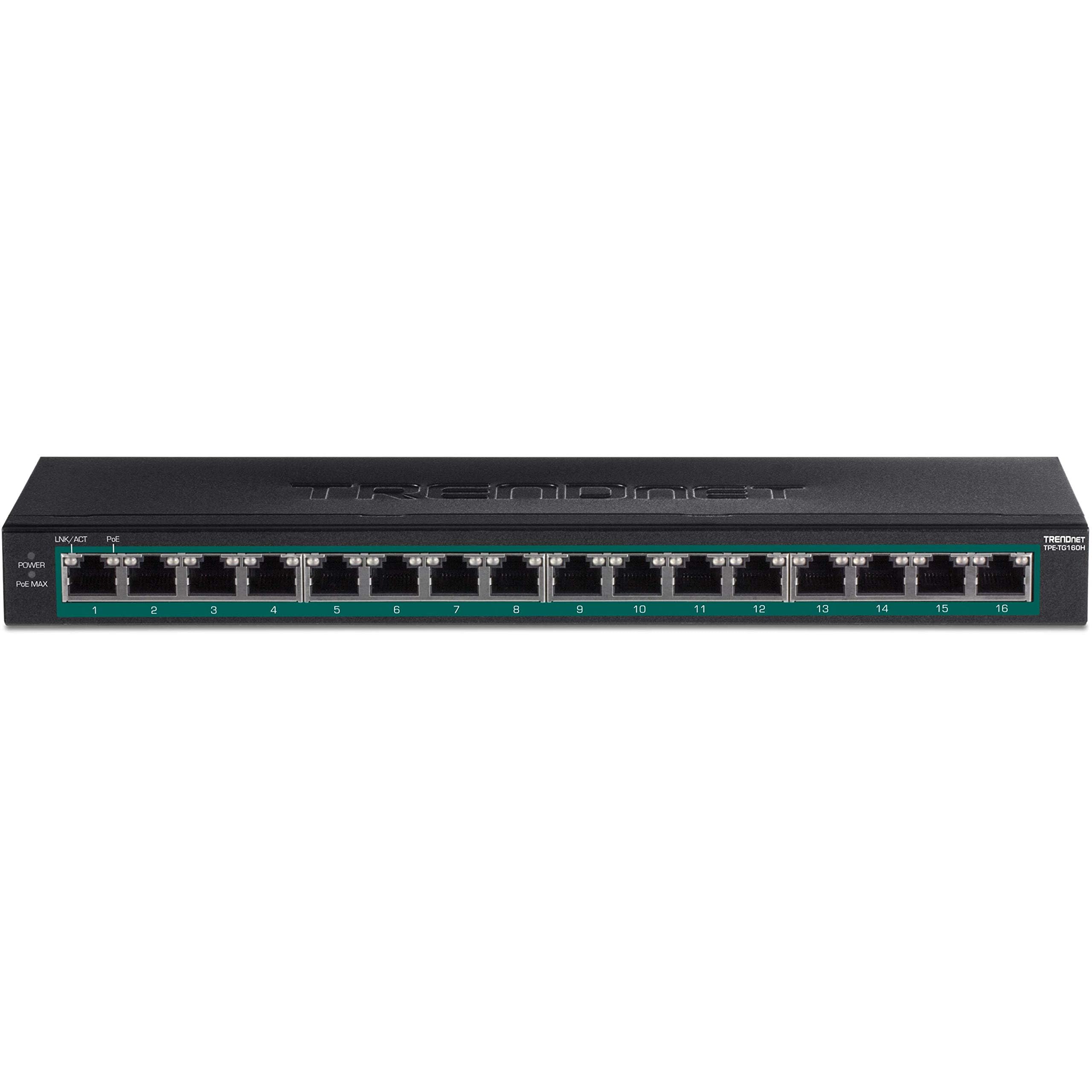 Trendnet 16 Port Gigabit Poe+ Switch Tpe Tg160H 123W Poe Power Budget 32 Gbps Switching Capacity Desktop Switch Ethernet Network