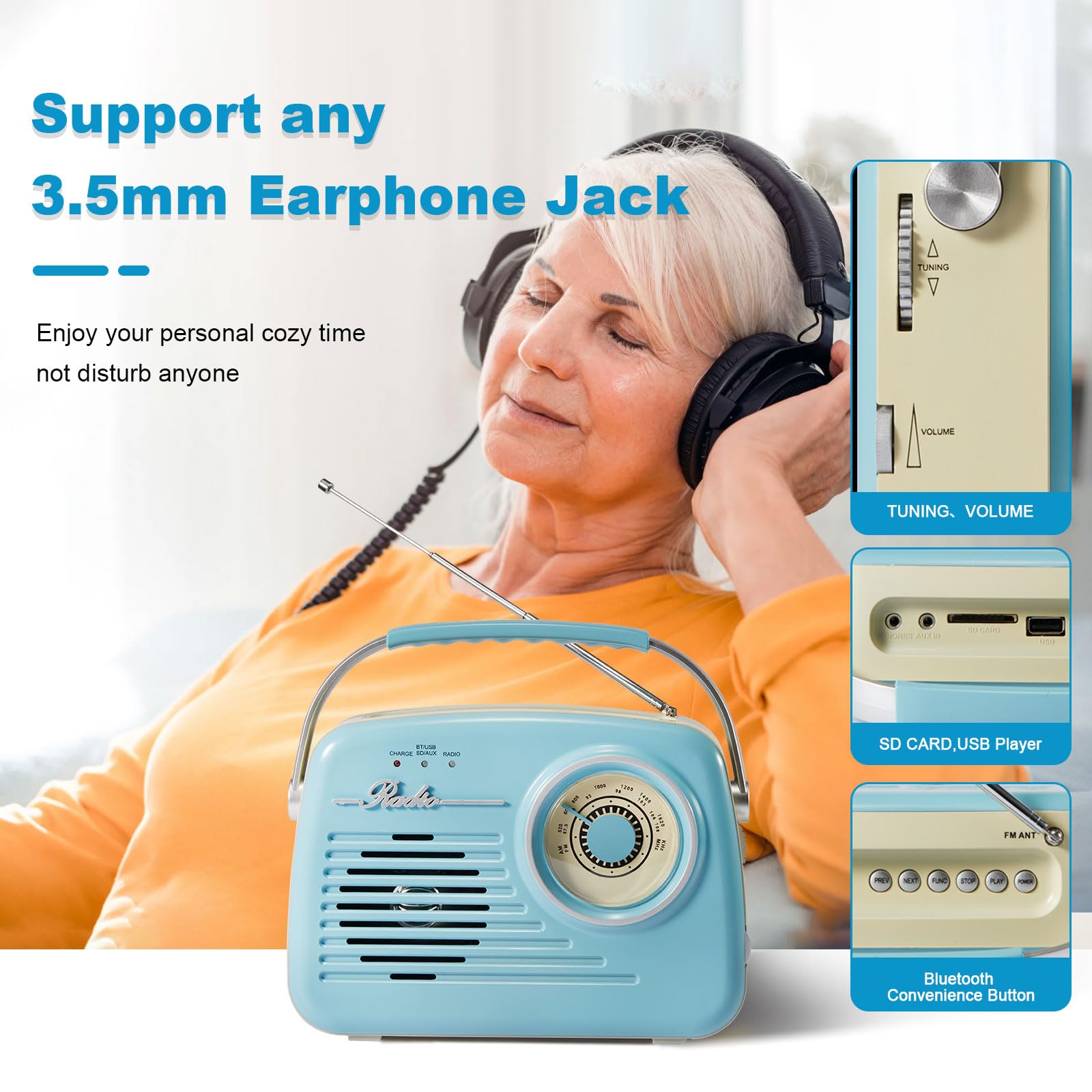 Bingxue Radios Portable Am Fm, Small Retro Vintage Radio Bluetooth, C*4 Battery Operated Radio Or Plug In Wall, Support Sd Card