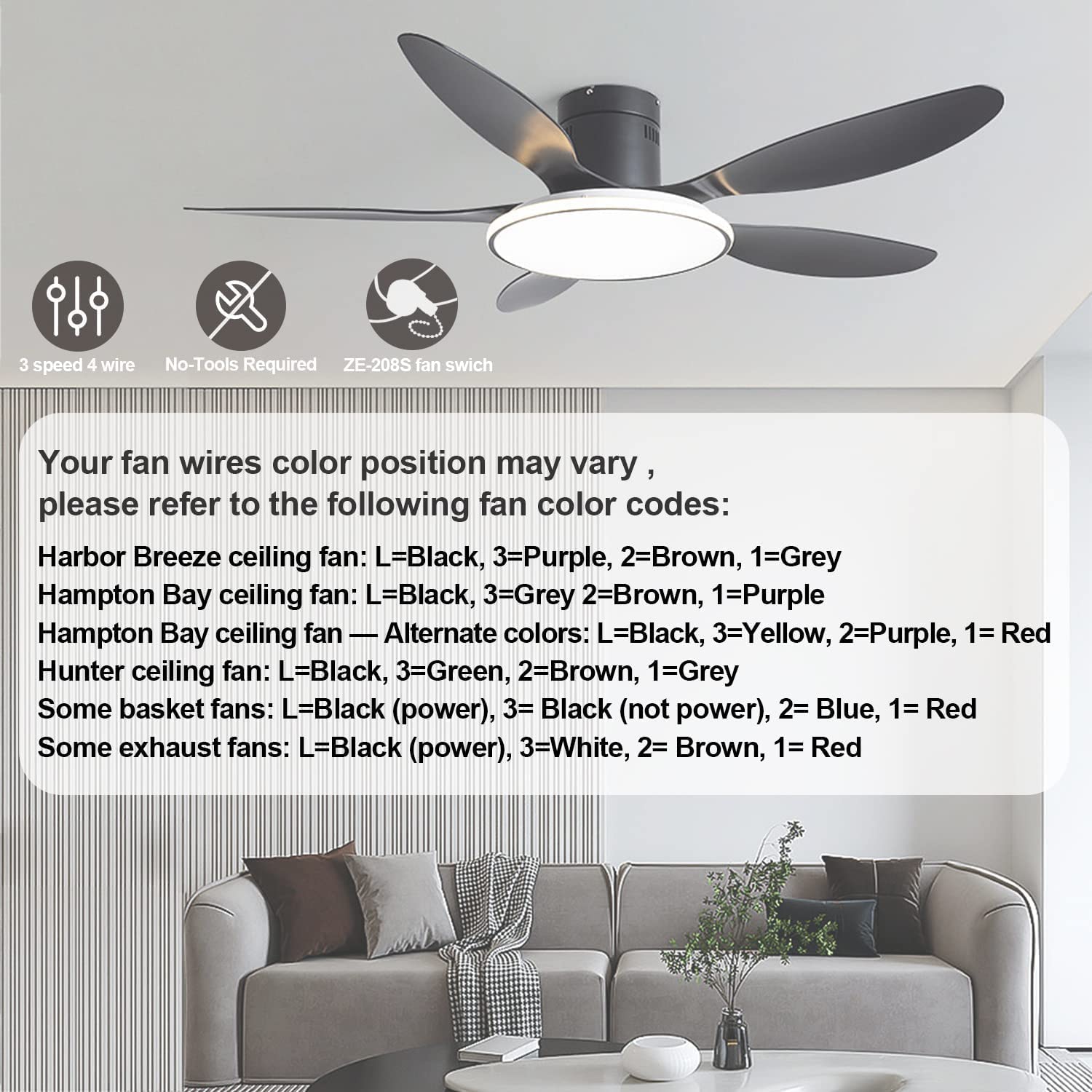 With 4 Pre Installed Wires Ceiling Fan Switch, 3 Speed Fan Switch Compatible With Hunter Fan Switch Replacement, Black