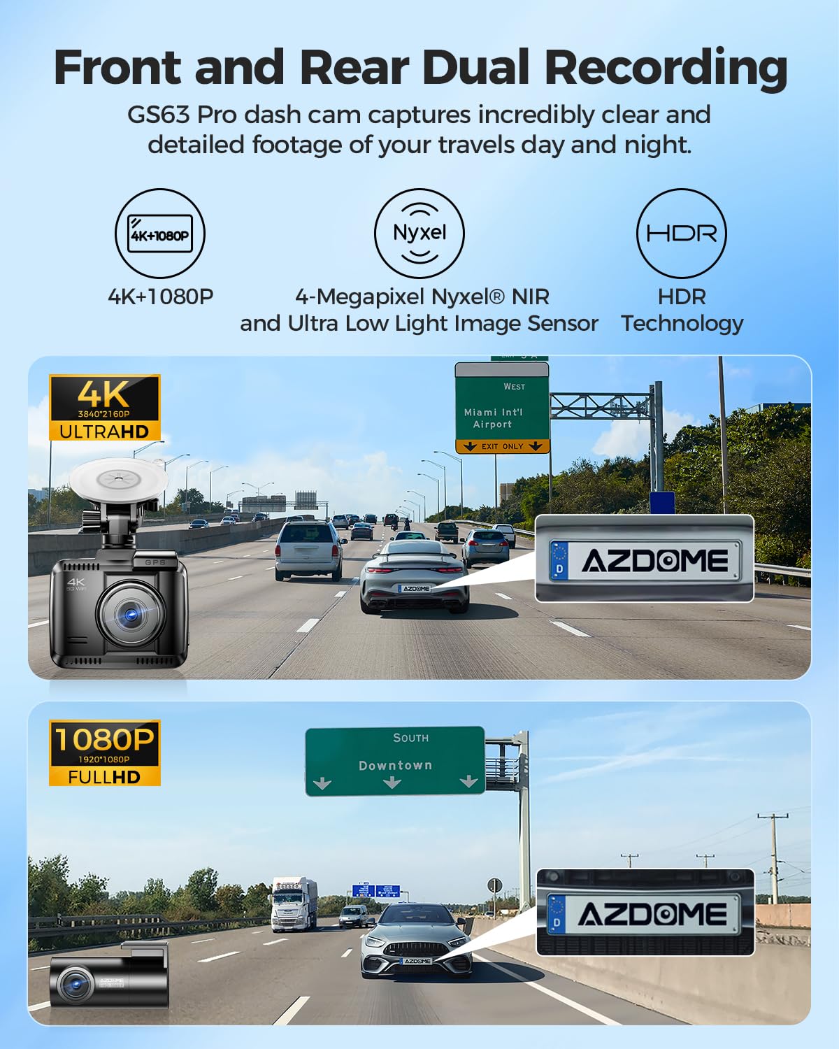 Azdome 4K Hdr Dash Cam Front And Rear, 128Gb Emmc, 4 Megapixel Image Sensor, Adas, Smart Dash Camera With 5Ghz Wifi Gps 24H Park