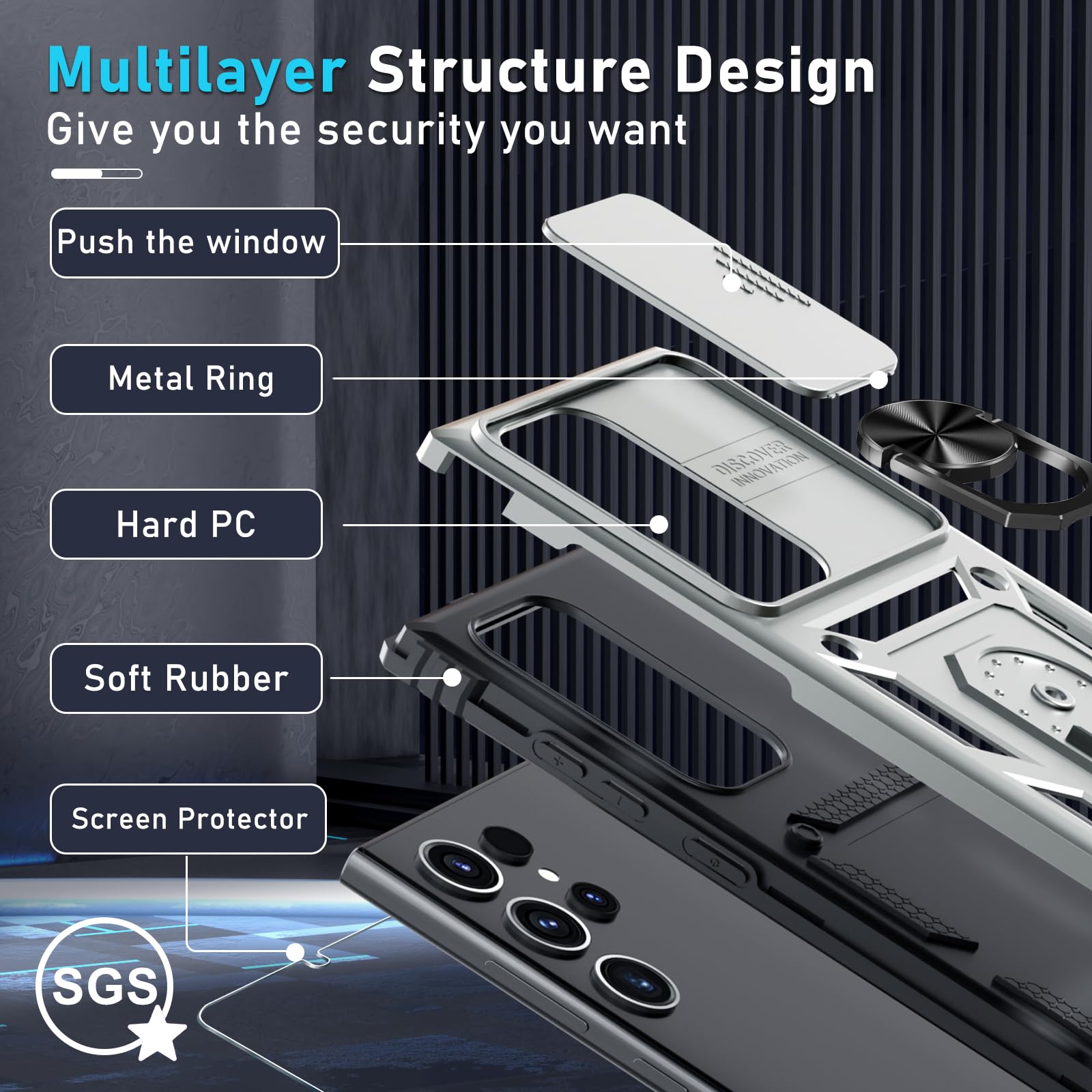 Janmitta Compatible With Samsung Galaxy S24 Ultra Case Built In Slide Camera Lens Cover+Screen Protector+Finger Ring Holder Kick