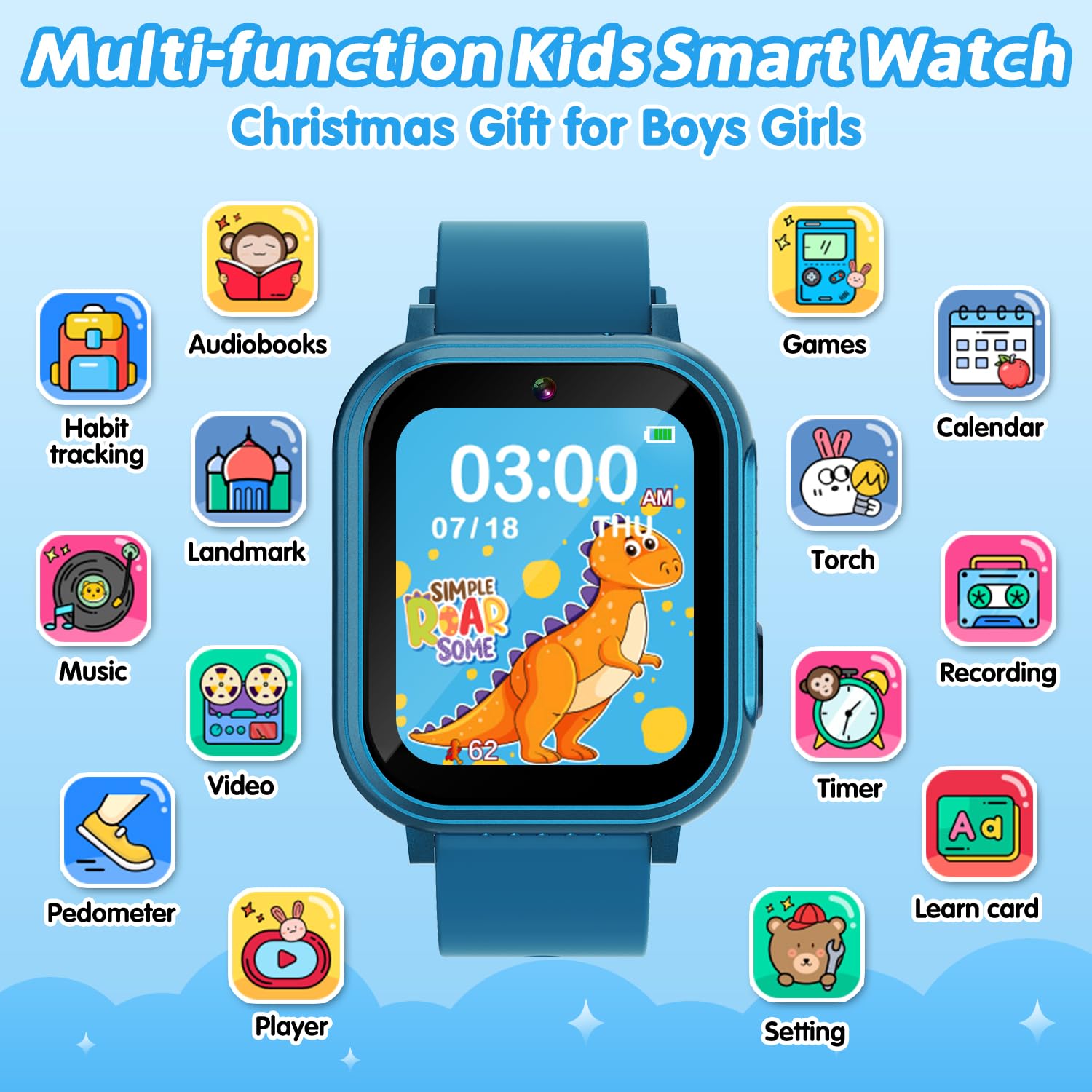 Kids Waterproof Smart Watch With 32 Games Hd Touchscreen Dual Camera Music Player Pedometer Flashlight Habit Tracking Learn Card