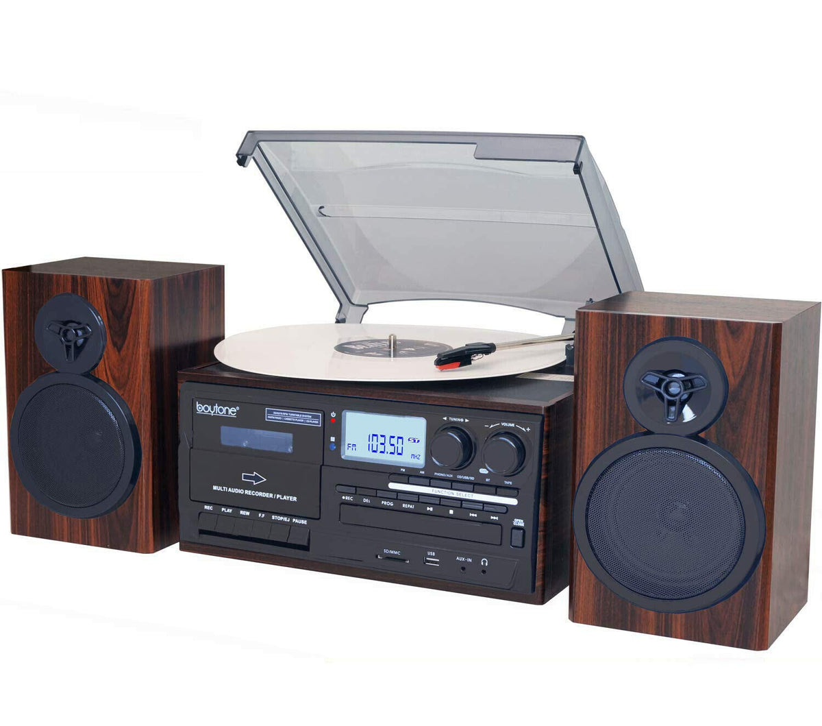 Boytone Bt 28Mb, Bluetooth Classic Style Record Player Turntable With Am/Fm Radio, Cd/Cassette Player, 2 Separate Stereo Speakers, Record From Vinyl, Radio, And Cassette To Mp3, Sd Slot, Usb, Aux