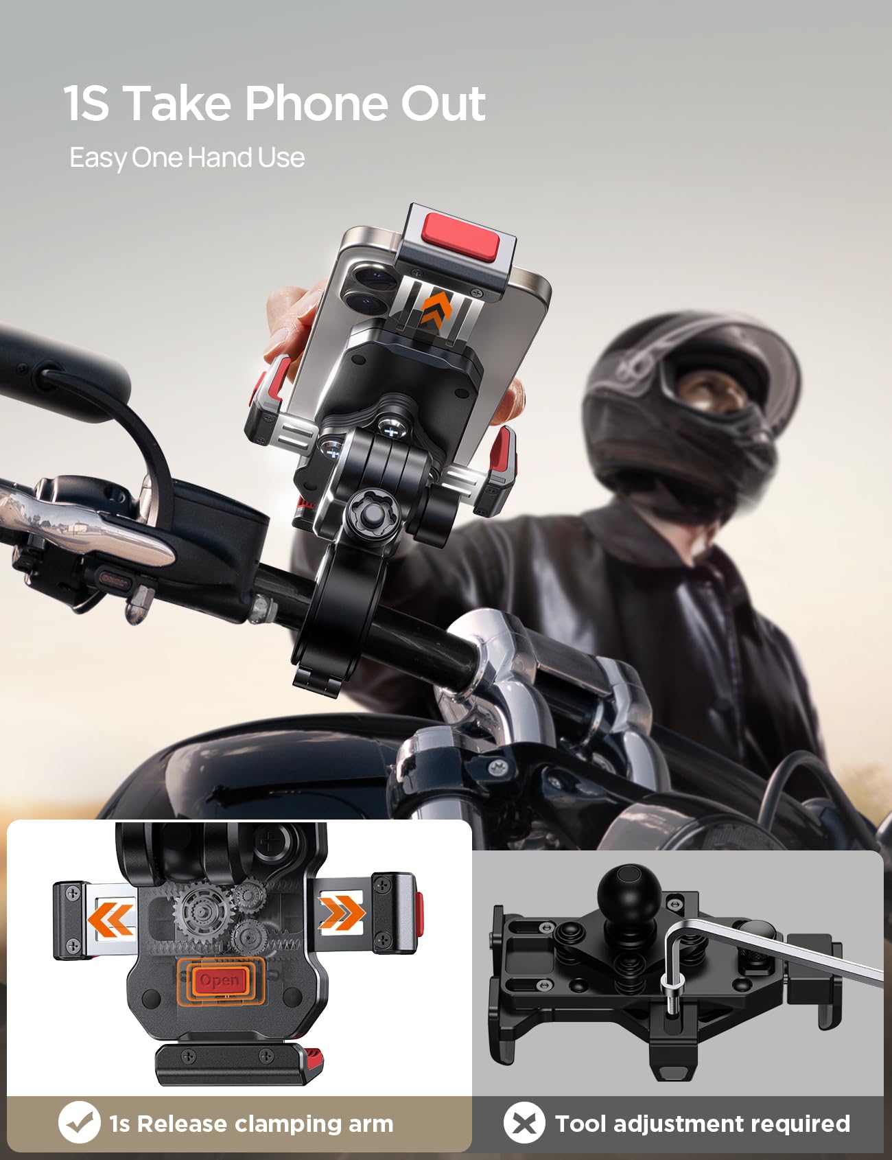 Joyroom Aluminum Alloy Motorcycle Phone Mount With Vibration Dampener, Phone Holder For Harley Bike, Bicycle, Scooter, Atv/Utv,