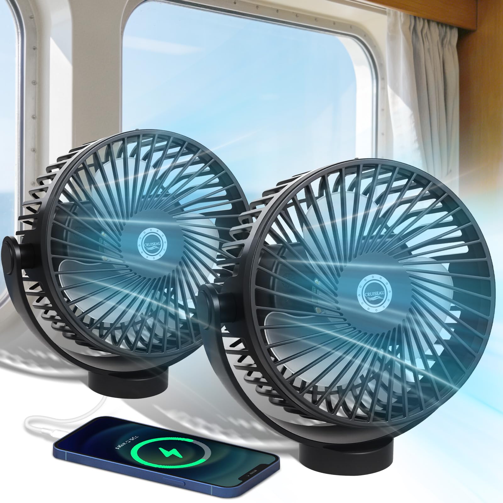 2-Pack Magnetic Cruise Fan with 12000mAh Rechargeable Battery, LED Light, Timer&Power Output, Magnetically Sticks on Cabin Ceili