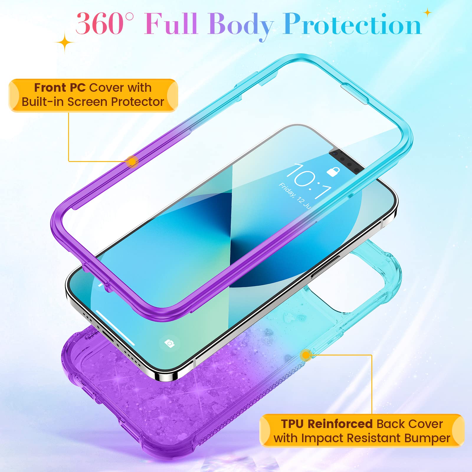 Ruky For Iphone 13 Case & Iphone 14 Case, Glitter Liquid Full Body Rugged Cover With Built In Screen Protector Soft Tpu Shockpro