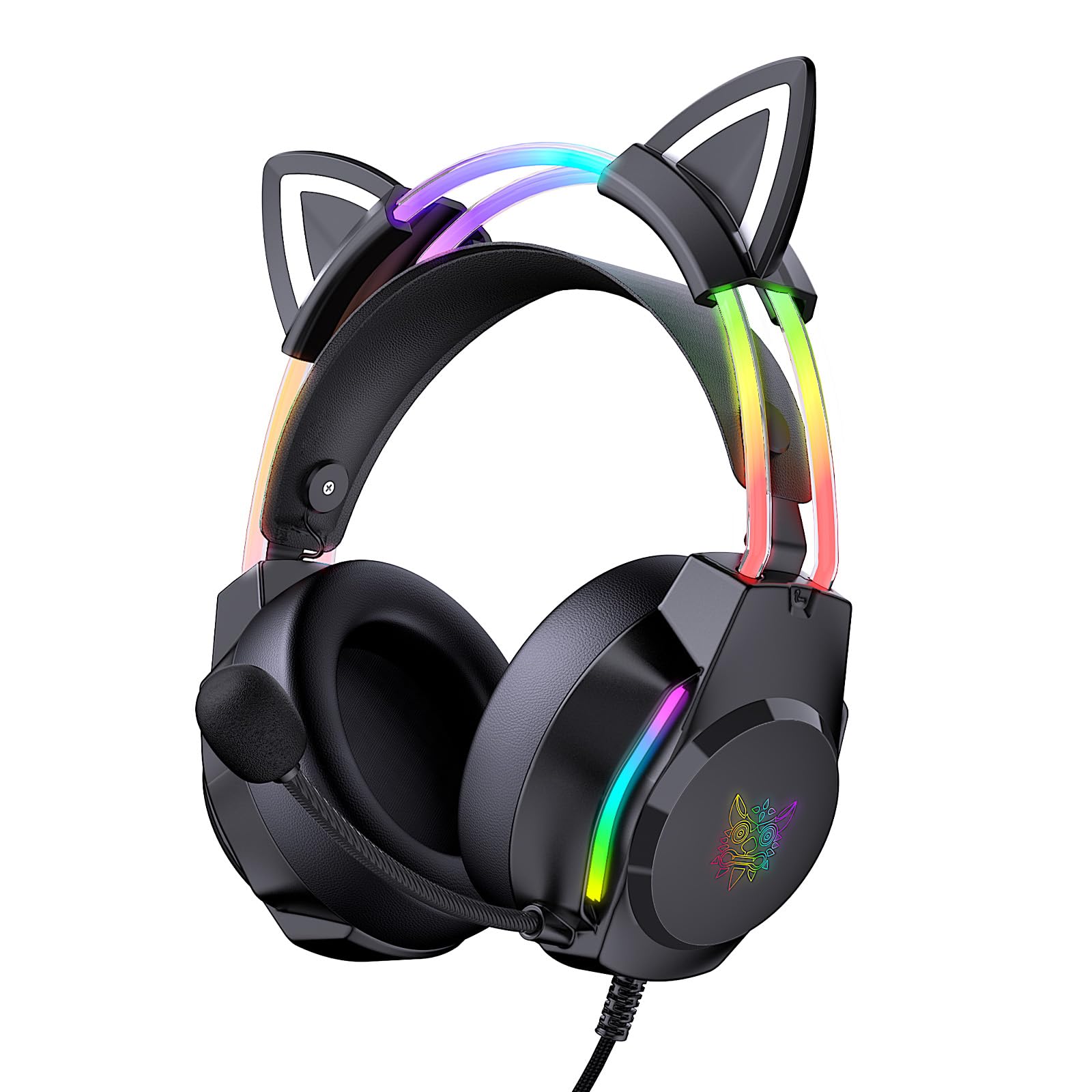 ONITOON Gaming Headset with Microphone, Cat Ear Headphones for PC Laptop PS4 PS5 Xbox Switch, Rainbow RGB Lighting & Virtual Sur