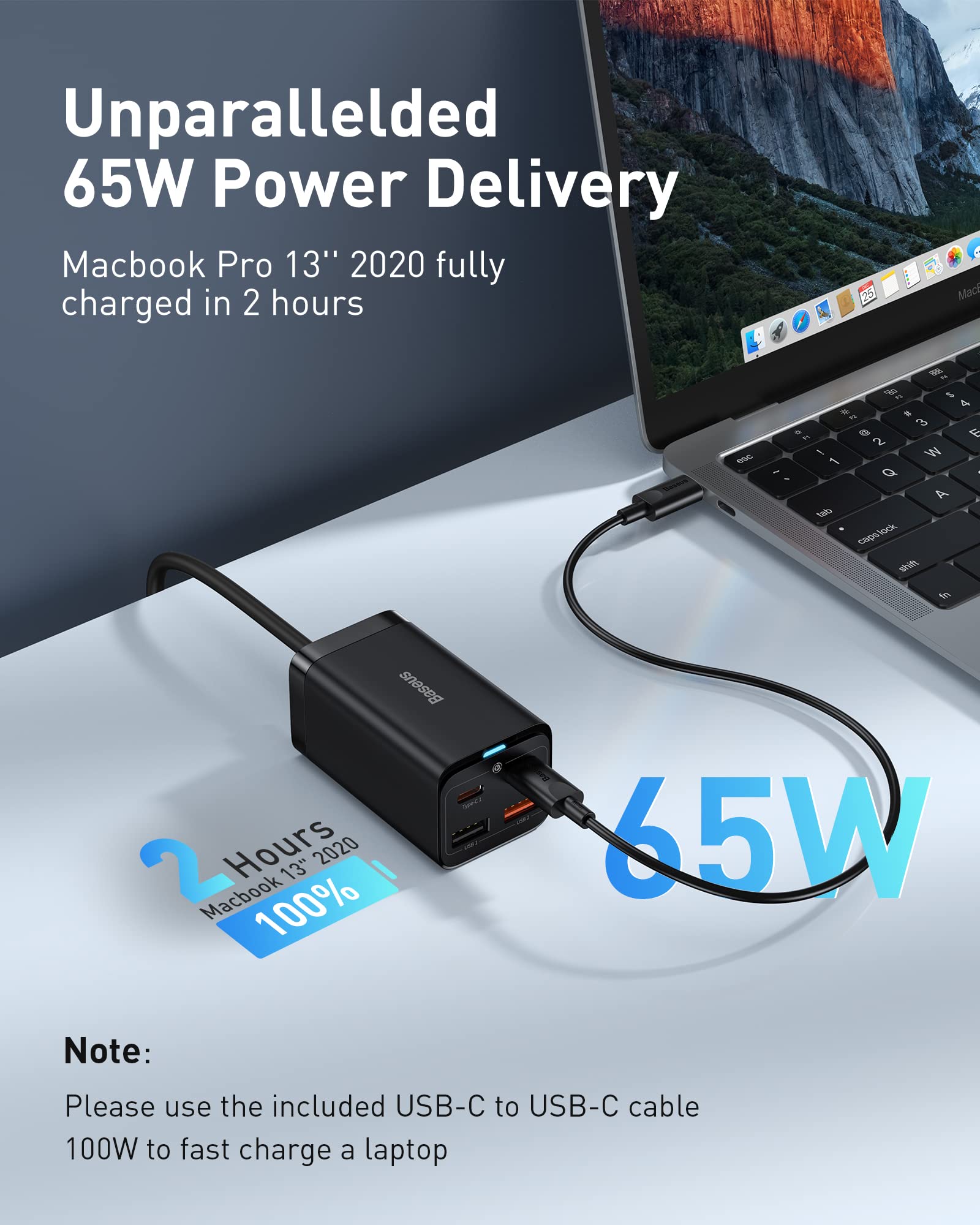 Usb C Charger, Baseus 65W Pd Gan3 Fast Wall Charger Block, 4 Ports [2Usb C + 2Usb] Charging Station With 5Ft Extension Cord For Steam Deck, Macbook Pro, Iphone 15/14/13, Samsung Galaxy, Etc