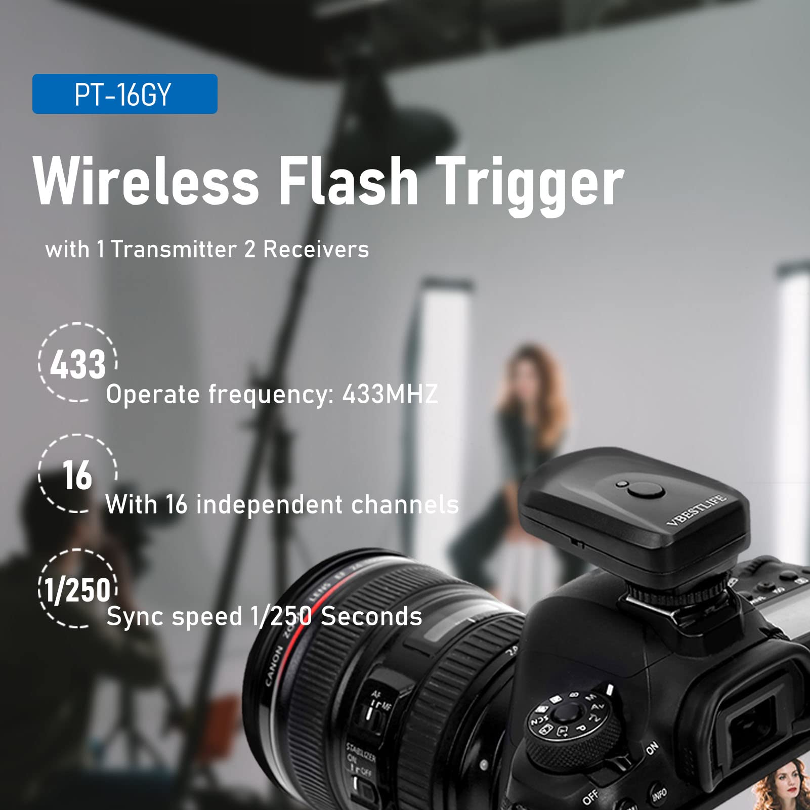Flash Set, 433Mhz 16 Channel Speedlite Studio Shutter Release Transceiver Kit, With 1 Transmitter 2 Receivers 1 Sync Wire Cable,