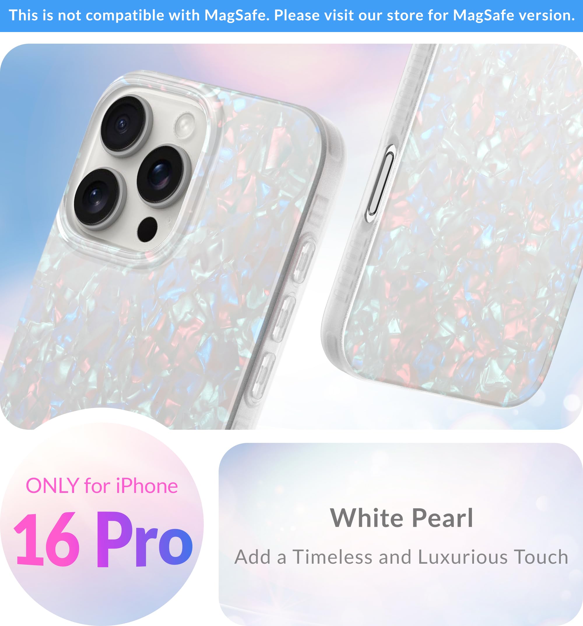 Lonli Hue   For Iphone 16 Pro Case   White Pearl Tort Phone Case   [360 Shock Absorbent Bumper]   Cute, Unique And Aesthetic Pho
