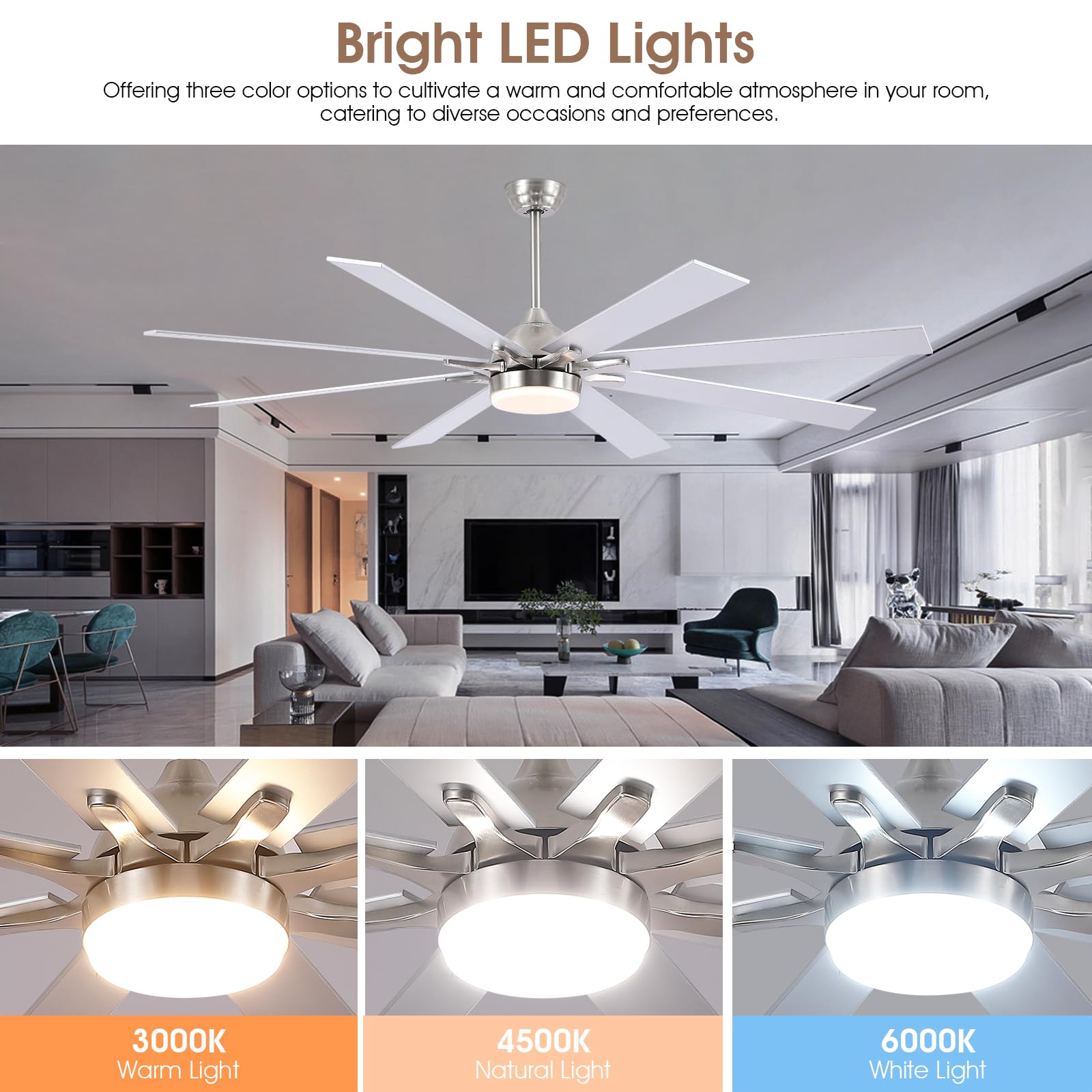 Kviflon 72 Inch Ceiling Fans With Lights And Remote, Modern Indoor Outdoor Large Ceiling Fan For Bedroom Living Room Patio Porch