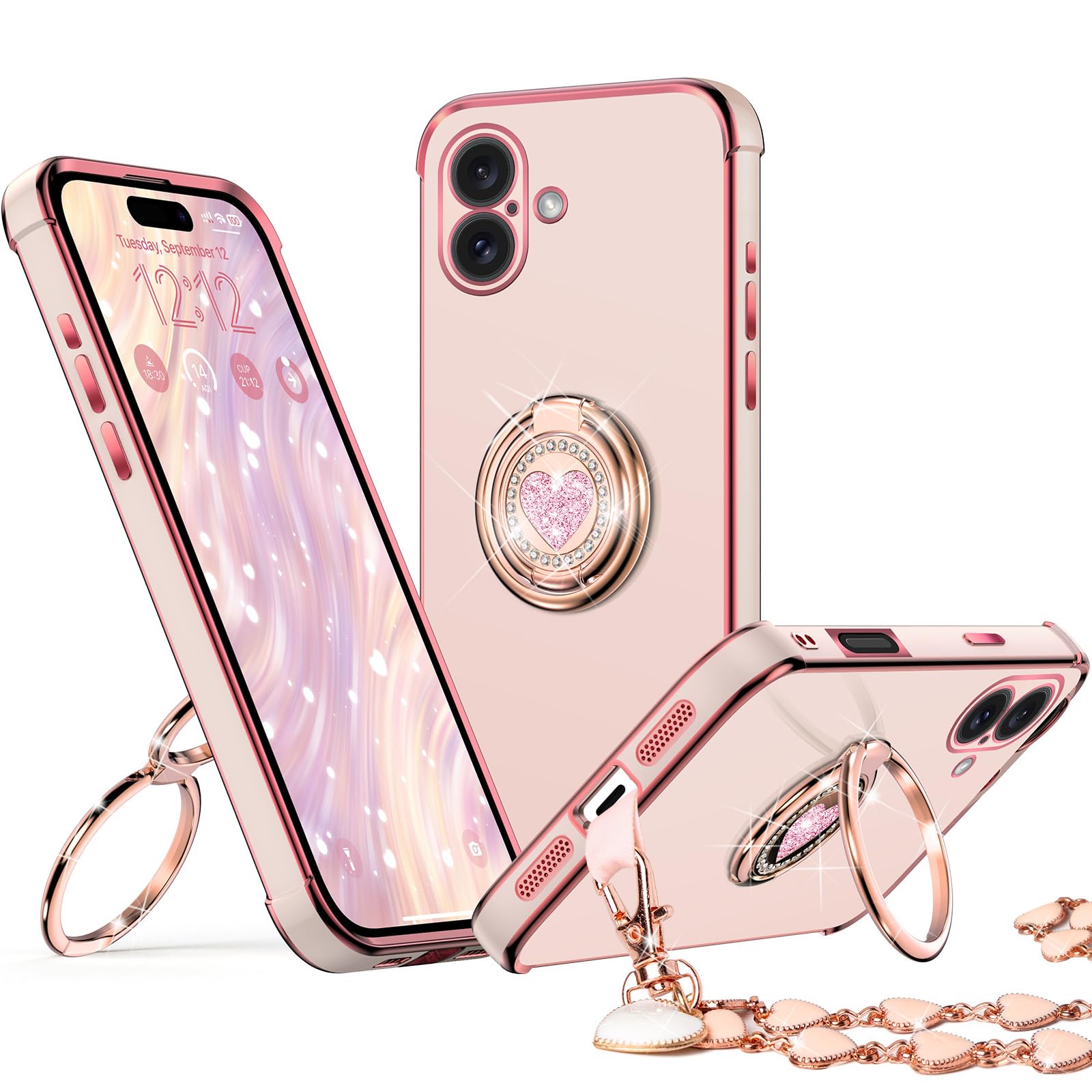 Xyz For Iphone 16 Case With Stand, Phone Case With Double Ring Kickstand, Women Girls Bling Luxury Protective Case Heart For Iph