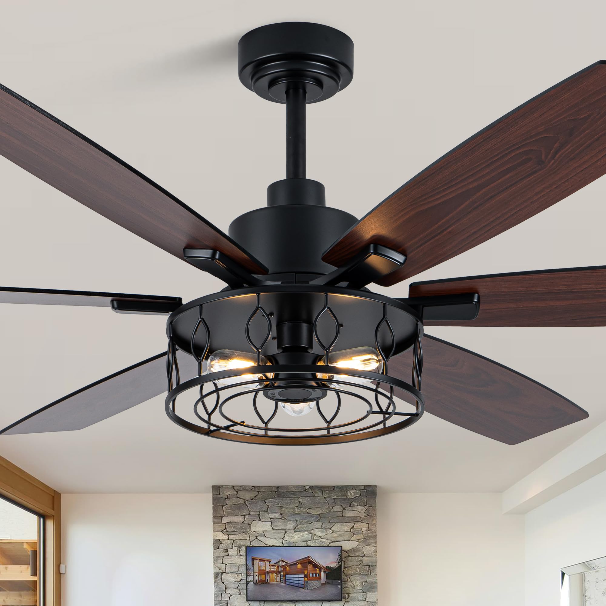 Dawn Whisper Black Ceiling Fans with Lights 60 Inch Farmhouse Ceiling Fan with Remote Quiet Reversible DC Motor 6 Speeds 8 Blade
