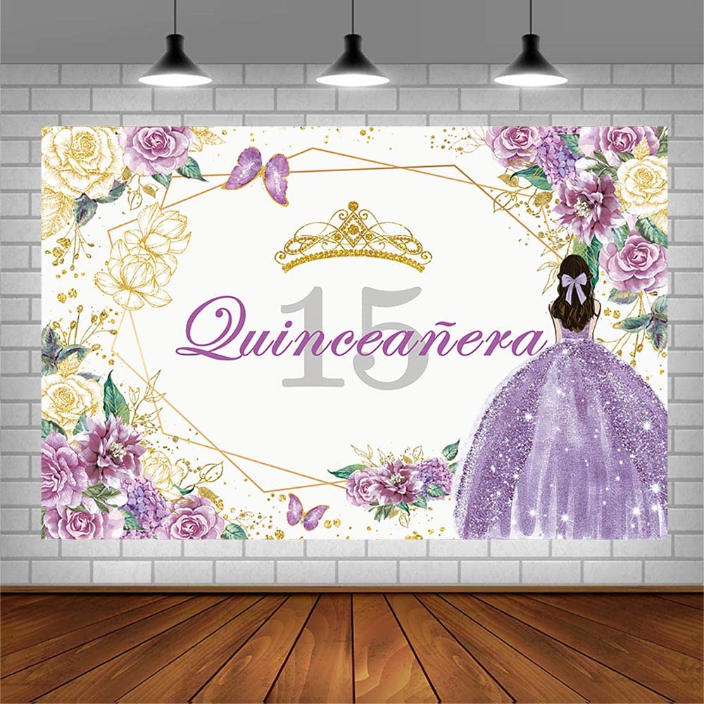 Sendy 7X5Ft Quinceanera 15Th Birthday Backdrop For Sweet Girl Mis Quince Anos 15Th Birthday Party Decorations Purple Gold Glitte