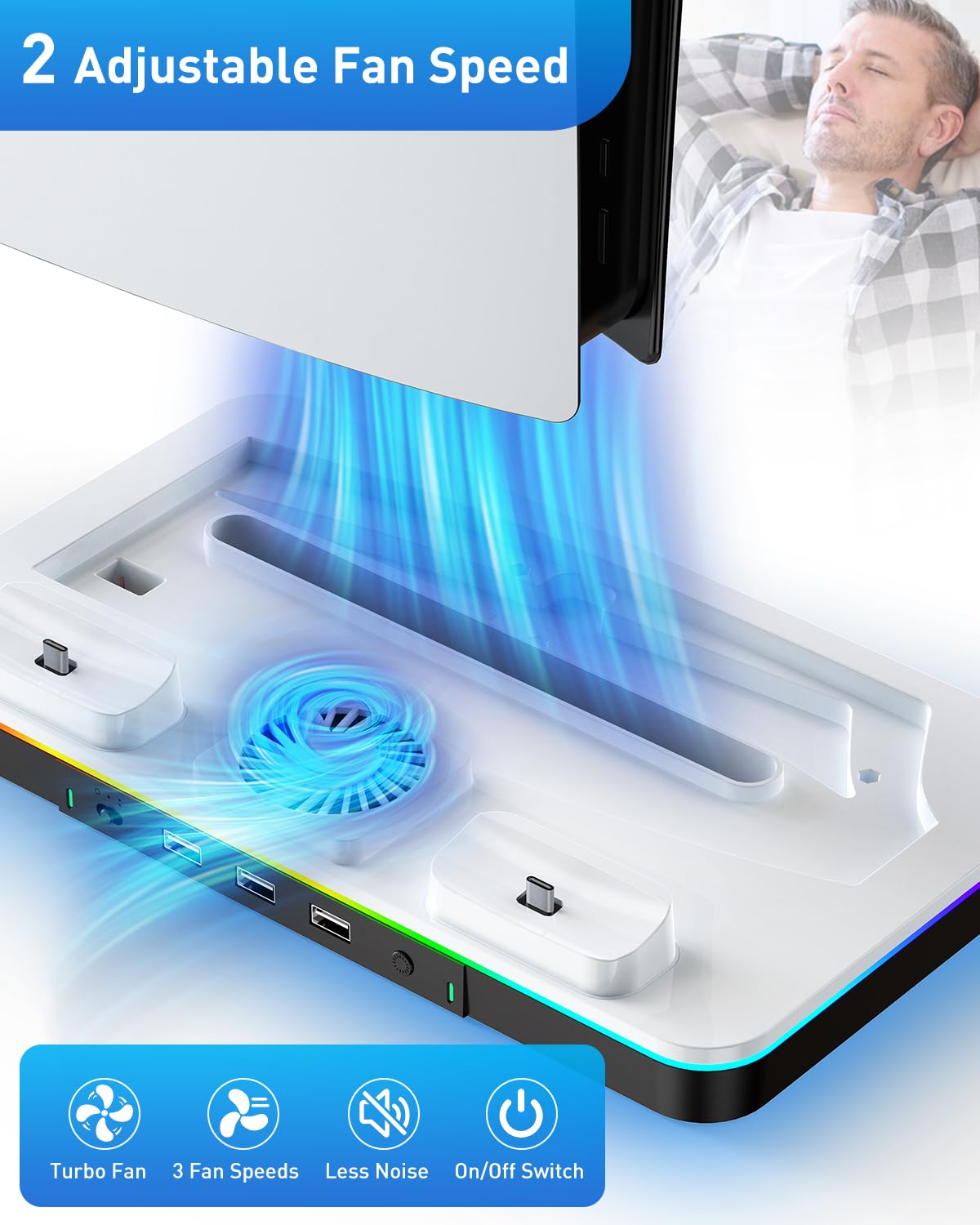 LYTFEI PS5/PS5 Slim Stand with RGB Cooling Station & Dual Controller Charger - Silver, 2-Level Cooling Fan, PlayStation 5 Accessories