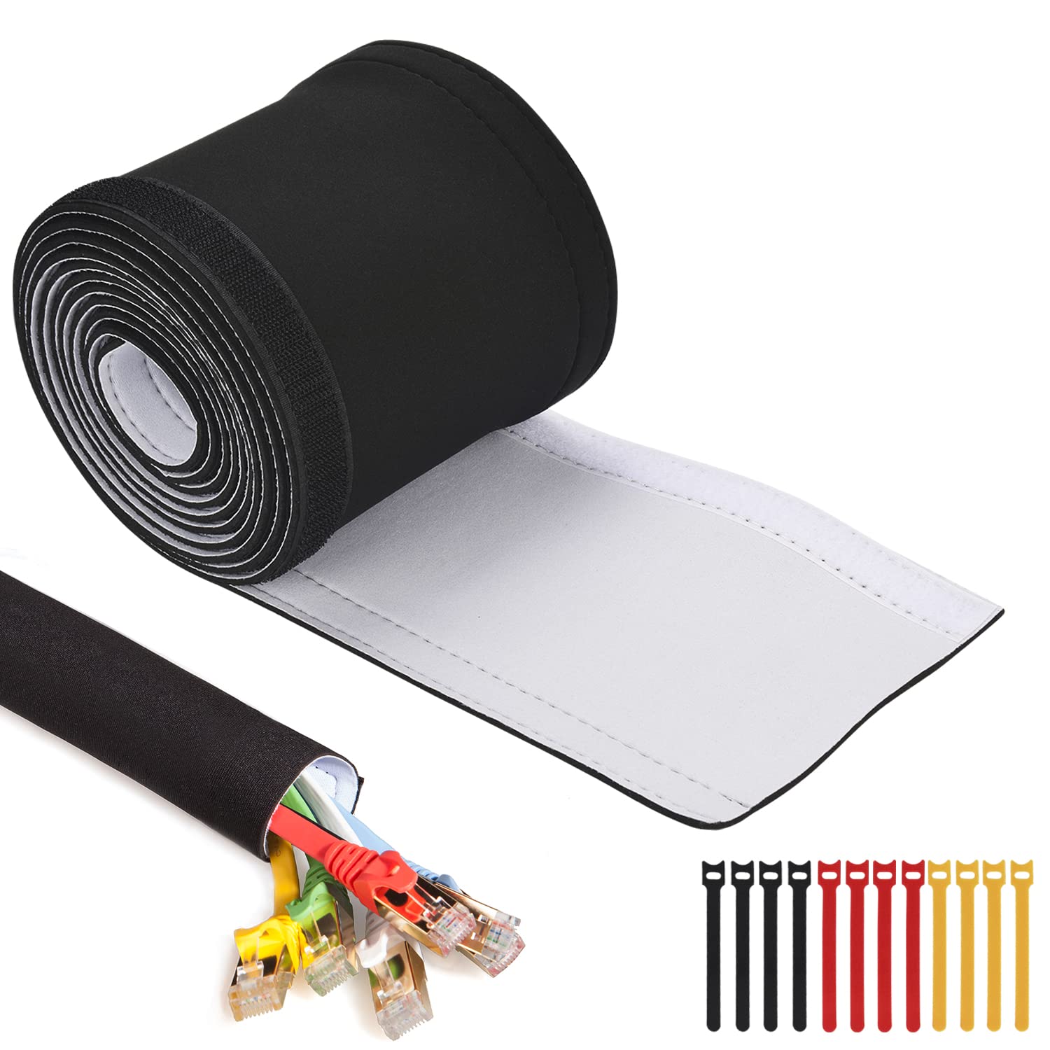 Cable Management Sleeves (12 Pack Straps Included) Neoprene Cord Organizer for TV USB PC Computer Network Wires (120 inches) DIY