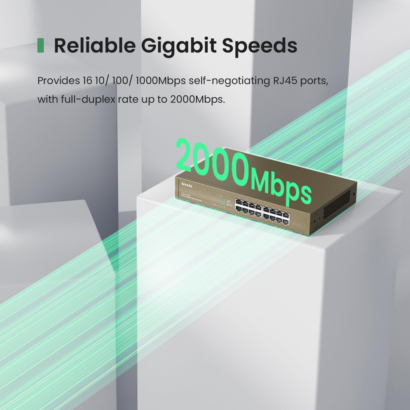 Tenda Teg1016D, 16 Port Gigabit Switch, Unmanaged Desktop Network Hub, Office Ethernet Switch, Sturdy Metal, Fanless, Traffic Op