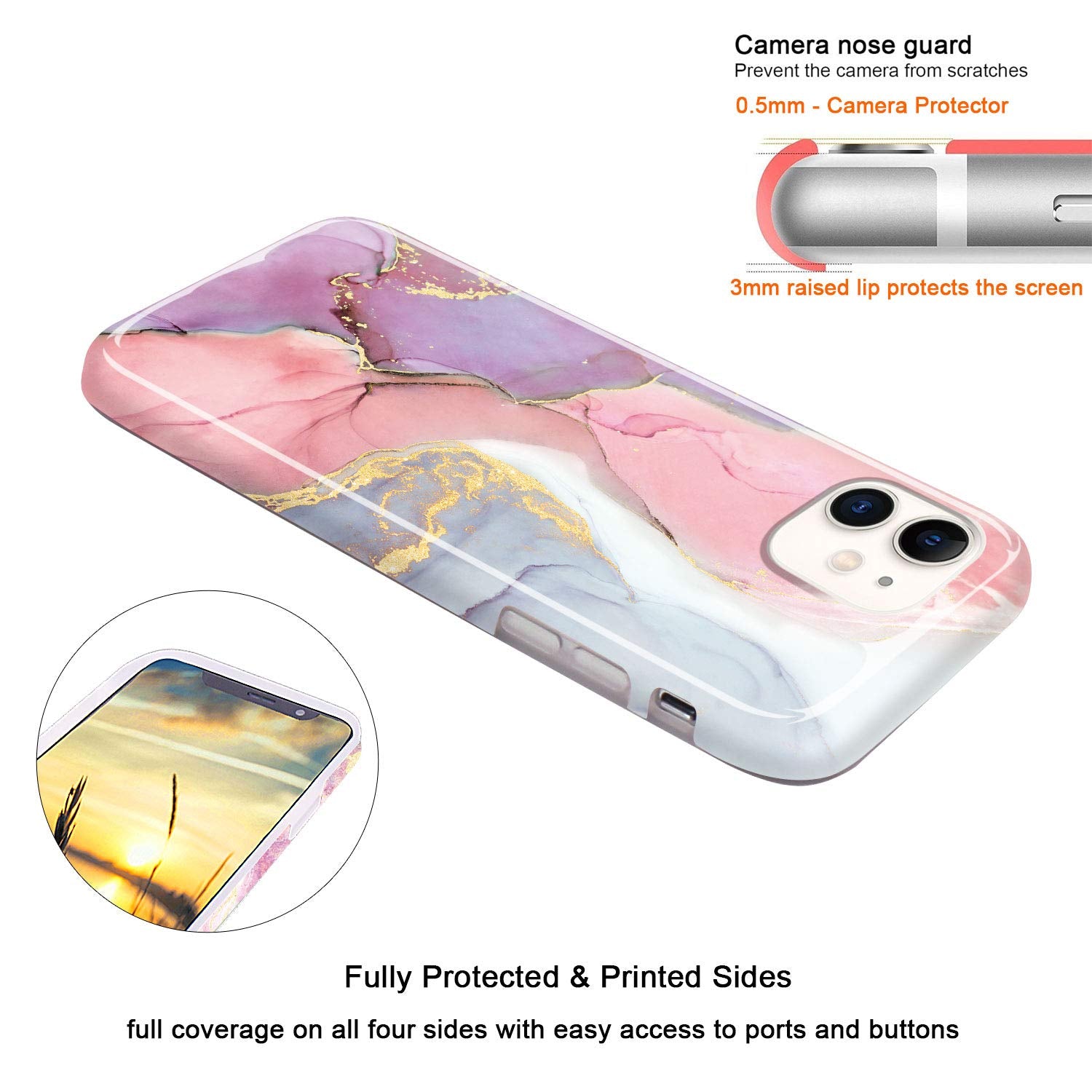 JIAXIUFEN iPhone 11 Case Gold Sparkle Glitter Marble Slim Shockproof TPU Pink Purple 6.1 inch