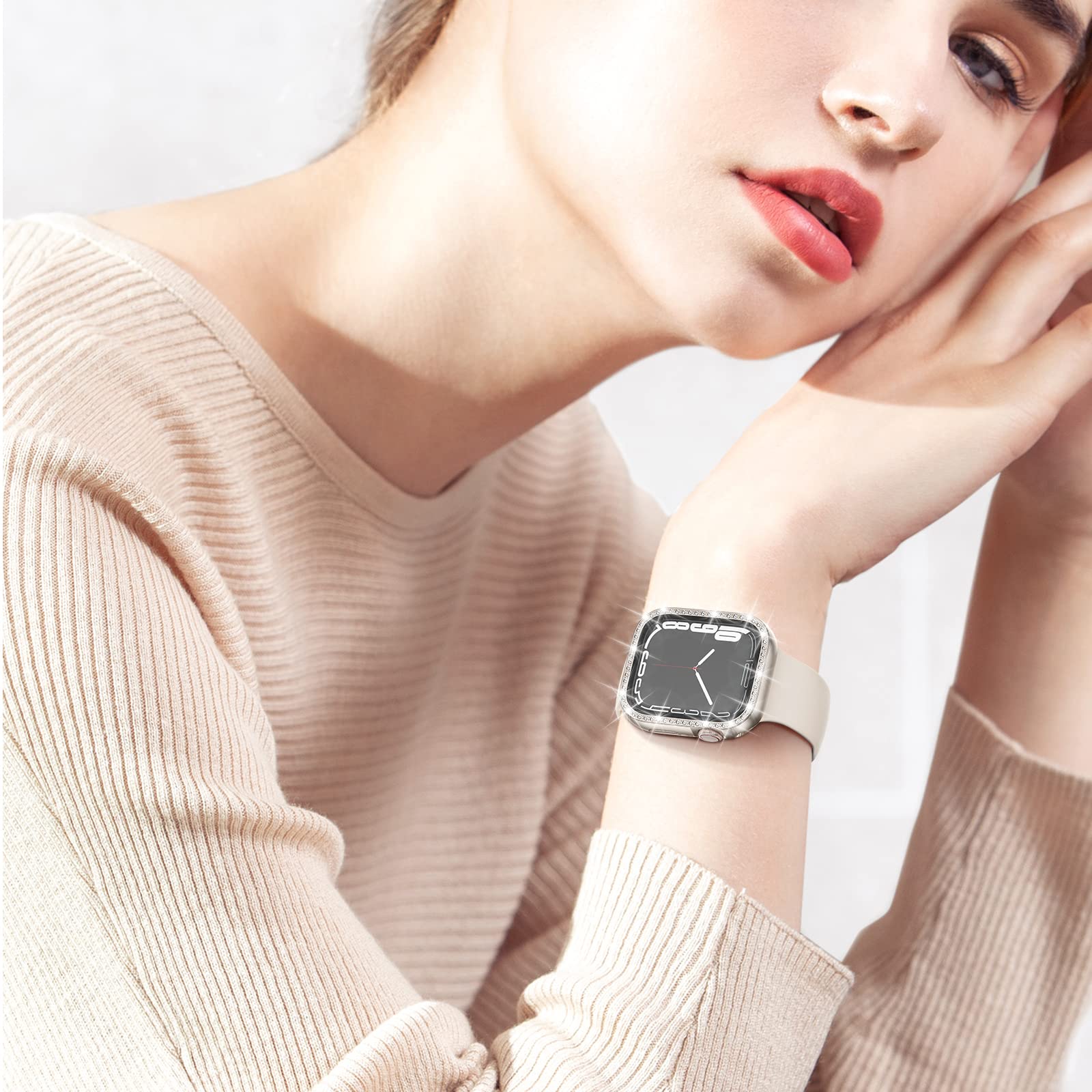 2 In 1 Bling Waterproof Case For Apple Watch Series Se 6 5 4 44Mm, 360 Protective Pc Cover Front & Back Bumper With Tempered Gla