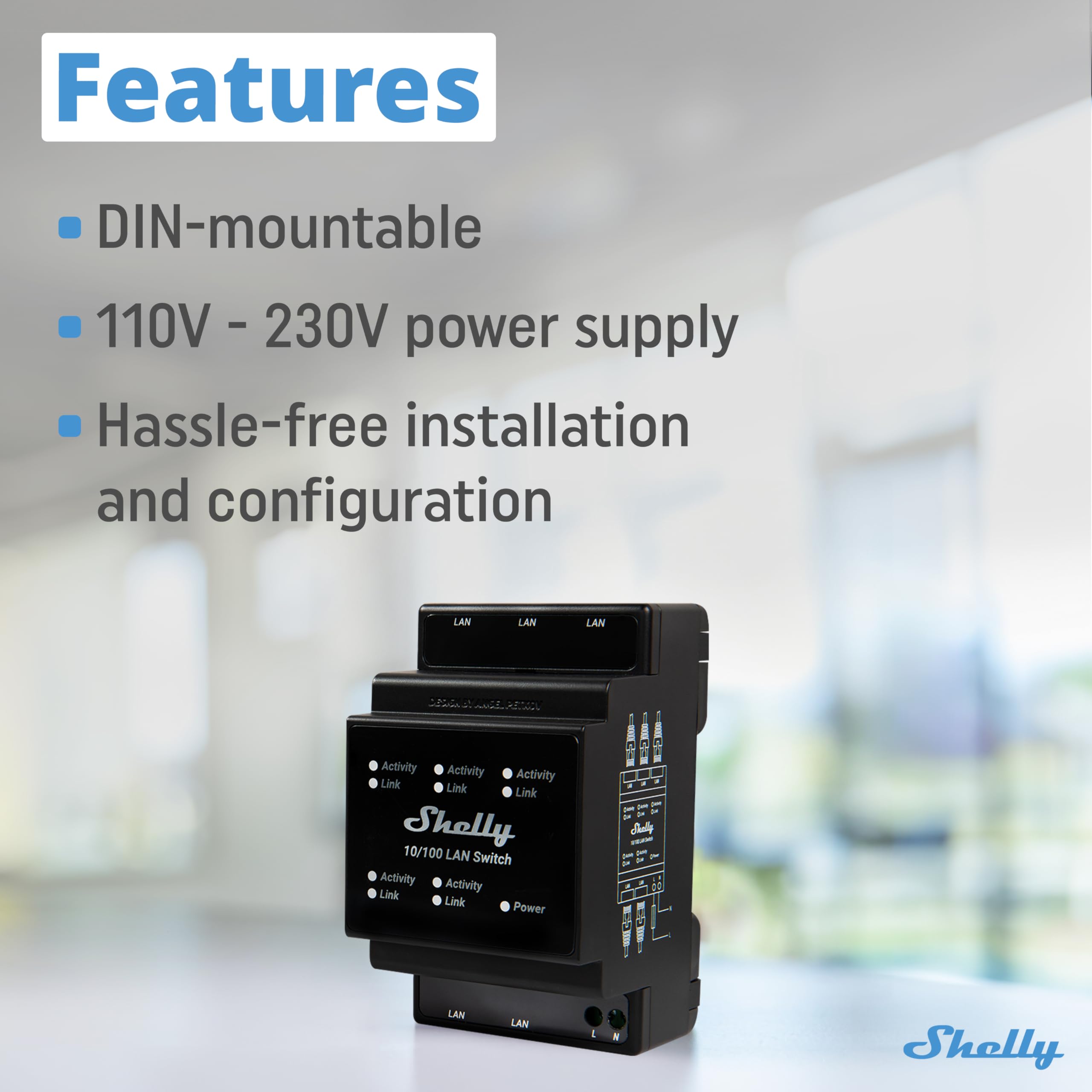 Shelly Lan Switch | 5 Port Rj45 10/100 Mbps Fast Ethernet Switch | Din Mountable | Fanless | Plug & Play | Energy Saving | Easy