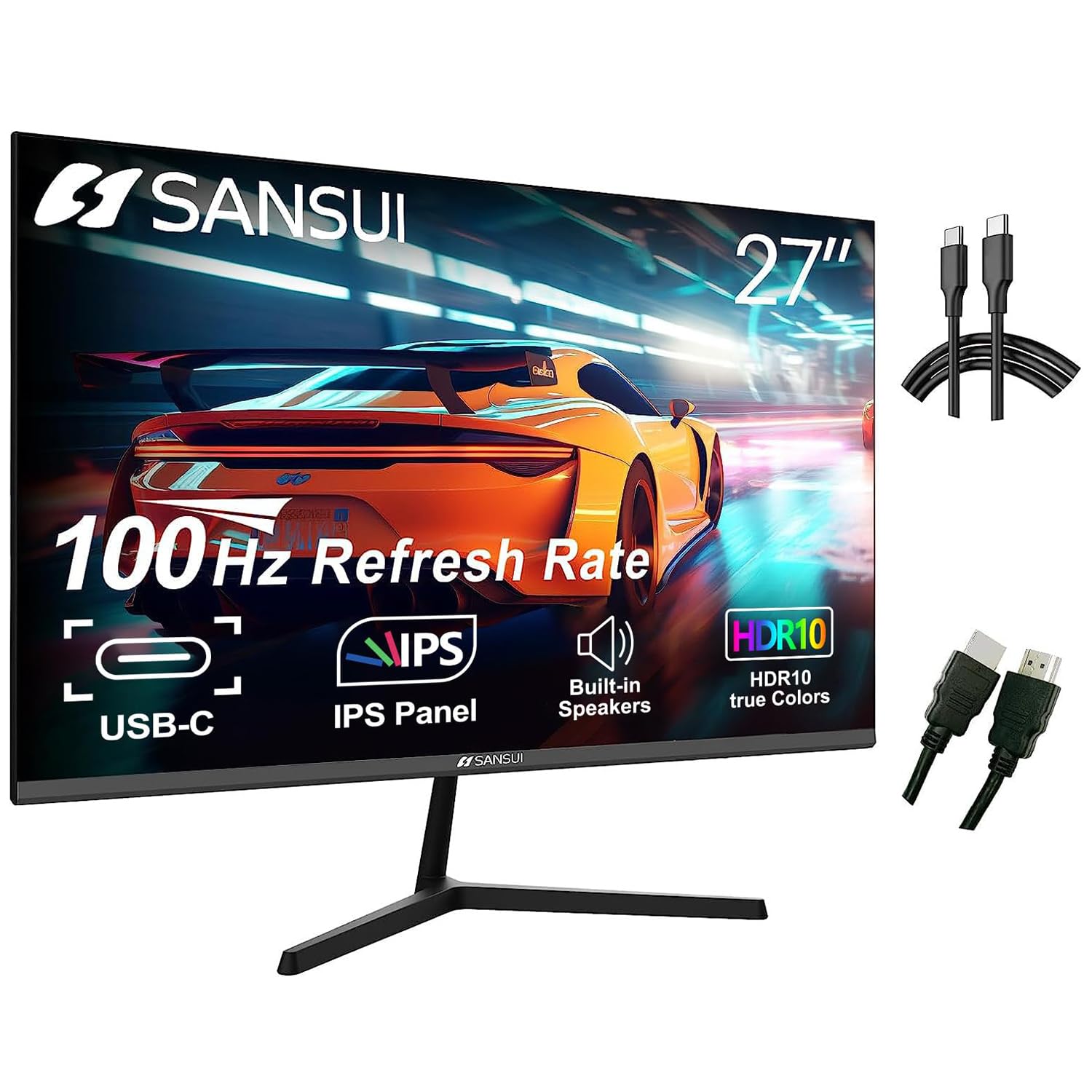 Sansui 27 Inch Monitor With Built In Speakers, Ips Usb Type C 100 Hz Fhd 1080P Hdmi Dp Hdr10 Game Rts/Fps Tilt Adjustable Vesa C