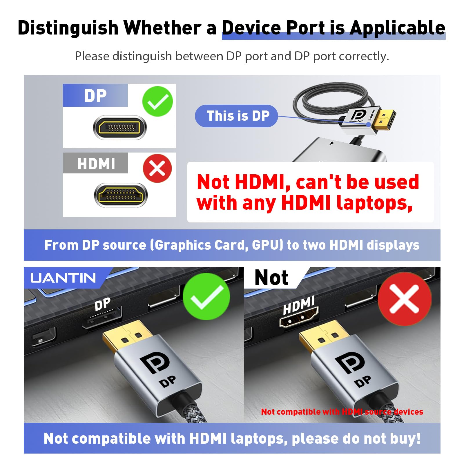 Uantin Displayport Splitter For 3 Monitors Extended Display | 4K 60Hz Display Port To Docking Station 1 In 3 Out Adapter 3Xdp Ms