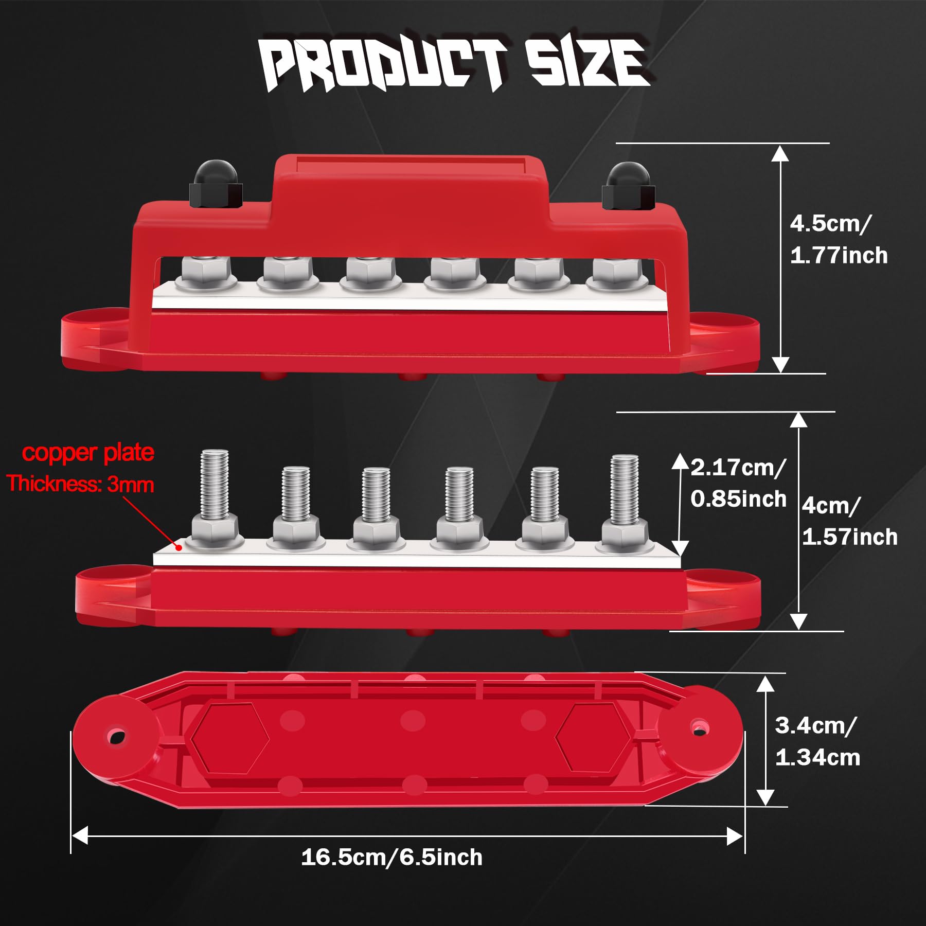 250A Bus Bar 12V Marine 1/4'' Power Distribution Block Automotive Busbar Terminal Block,Battery Buss Bar (Pair, Red & Black) 6 X