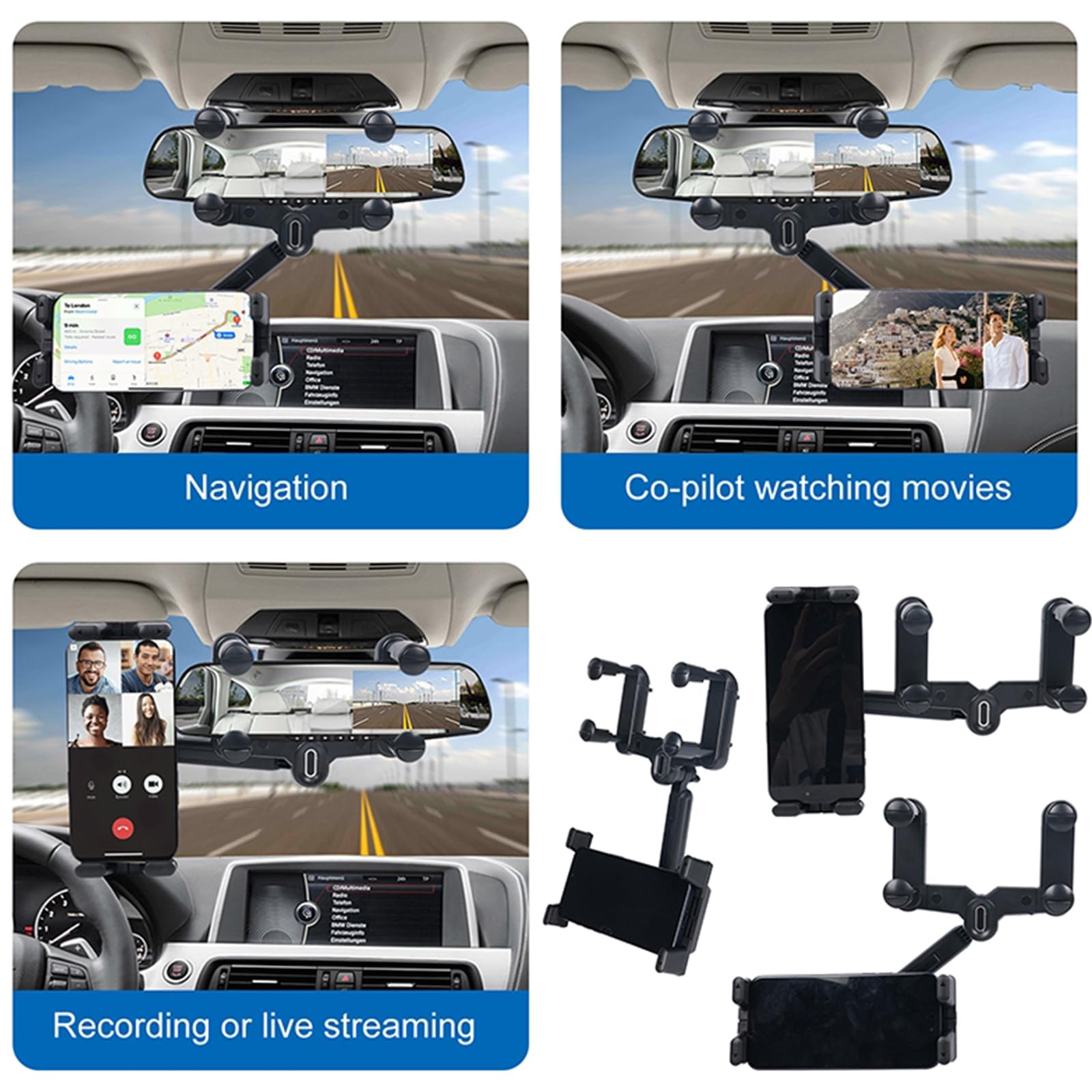 Kelofam Phone Mount For Car,Car Rear View Mirror Phone Holder, Multifunctional 360Rotatable And Retractable Tablet Holder For Ca