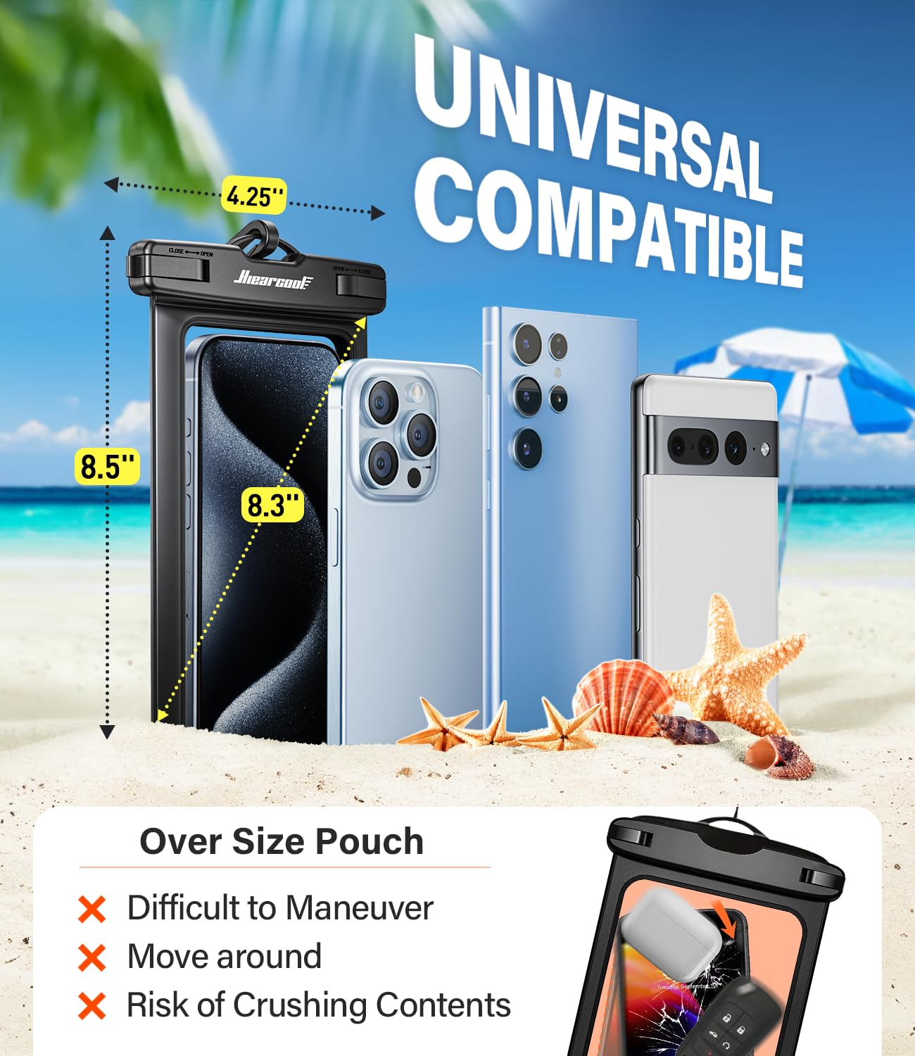 Hiearcool Waterproof Phone Pouch, Universal Case Compatible For Iphone 16 15 14 13 Pro Max Plus Up To 8.3, Ipx8 Beach Travel Ess