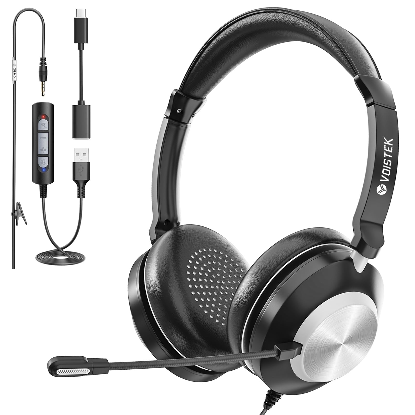 Voistek USB Headset with Microphone for PC & Laptop, OnEar Computer Headset with Microphone Noise Canceling, Mute & Volume Cont