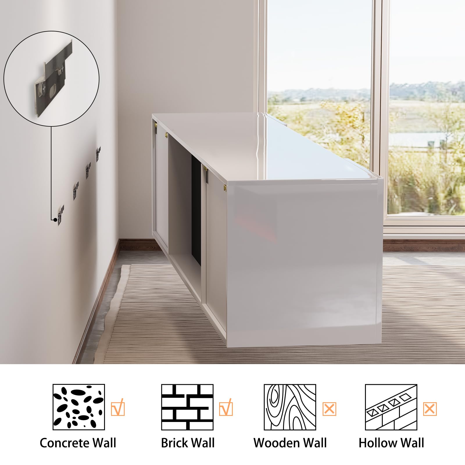 Amerlife Floating Fireplace Tv Stand, Wall Mounted Mirrored Entertainment Center With 40 Electric Fireplace, Modern Led Lights M