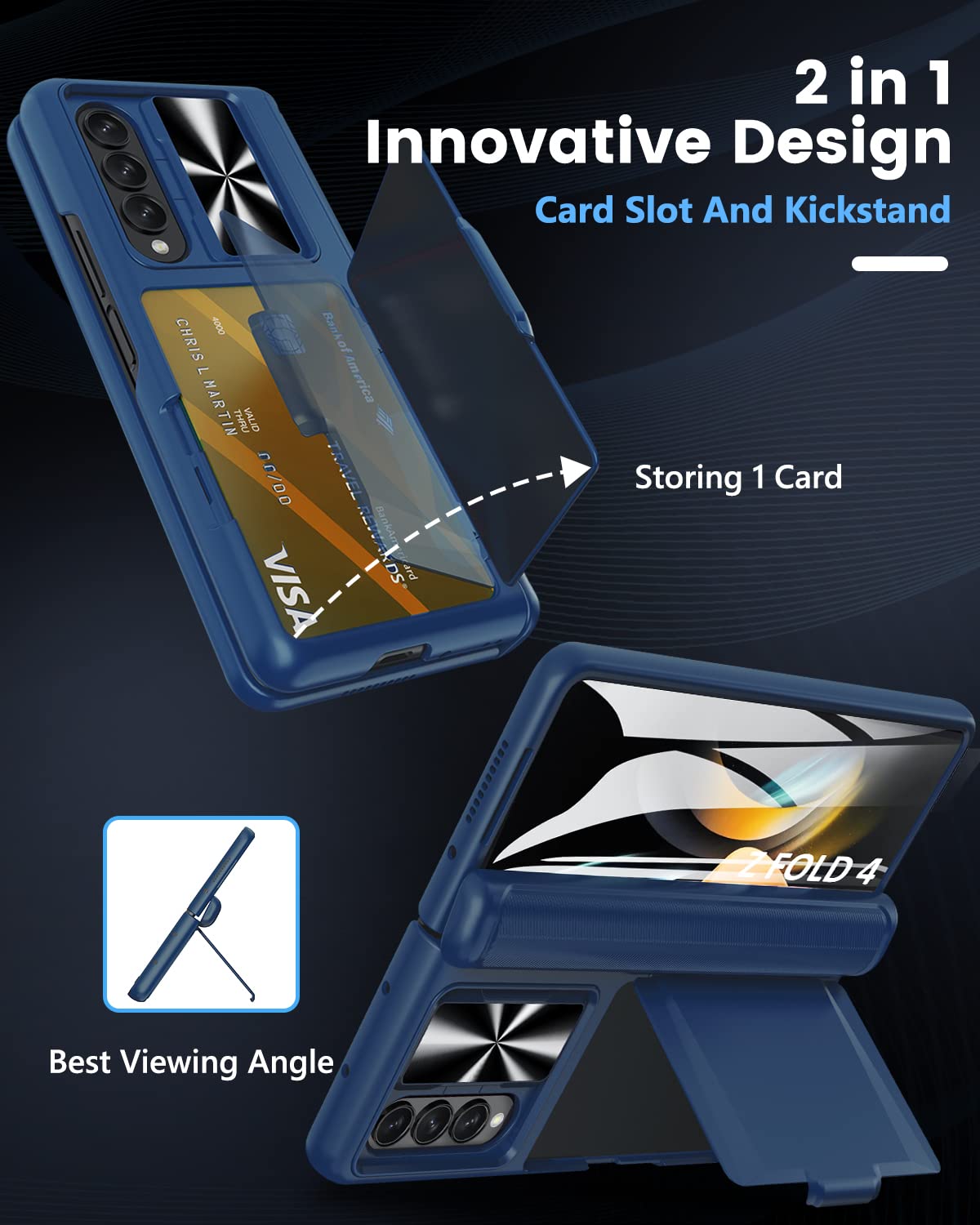 Viaotaily Galaxy Z Fold 4 5G Case With Card Holder & Hinge Protection, Built In Slide Camera Lens Cover & Screen Protector, Dura