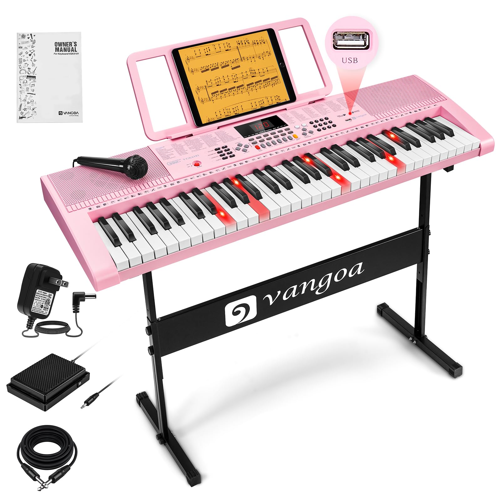Vangoa Pink Piano Keyboard 61 Key, Electric Keyboard Kit Portable Music Keyboard for Kids Students with Microphone, 600 Tones, 4