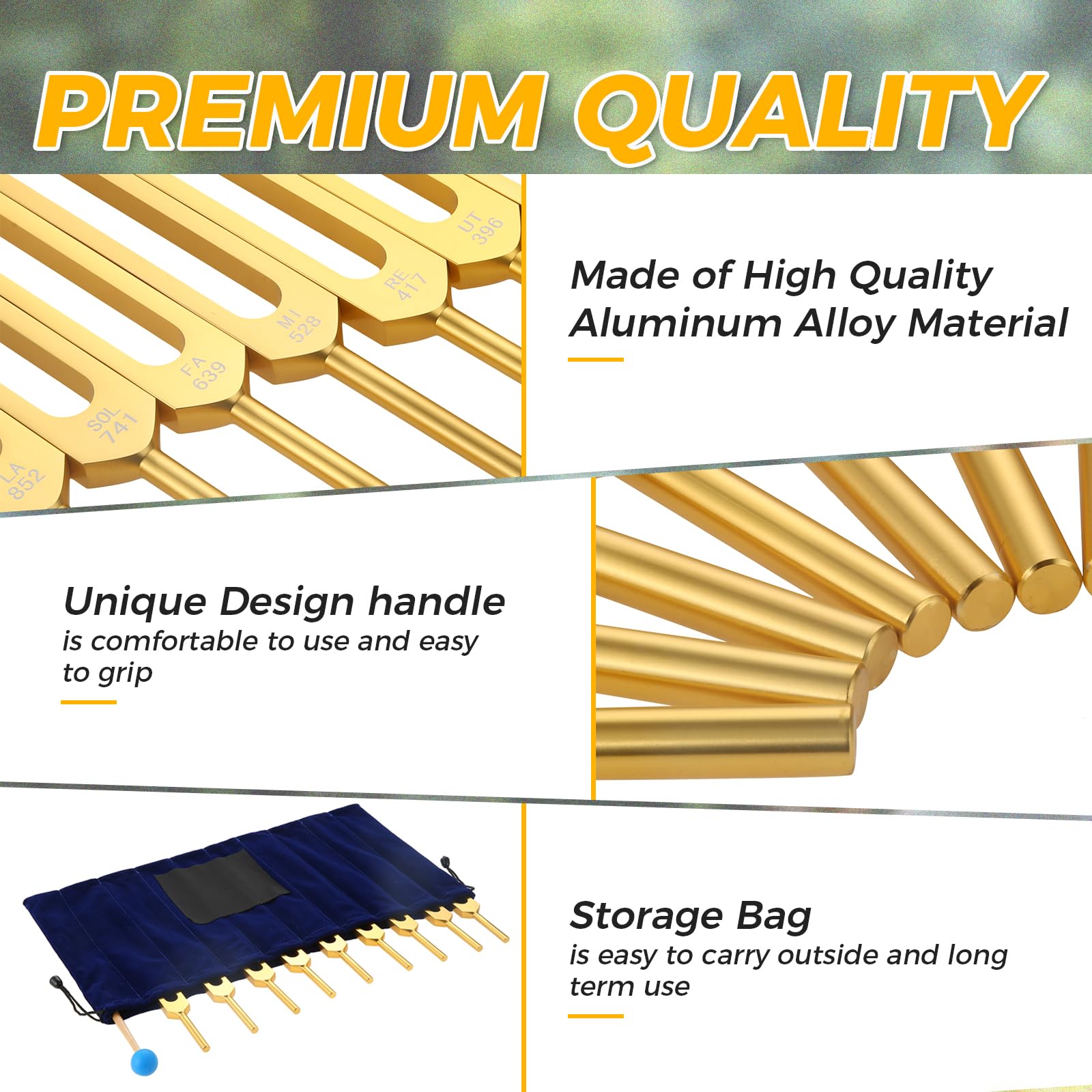 Solfeggio Tuning Fork Set, Golden 9 Tuning Forks With Rubber Hammer And Bag (174 Hz, 285 Hz, 396 Hz, 417 Hz, 528 Hz, 639 Hz, 741