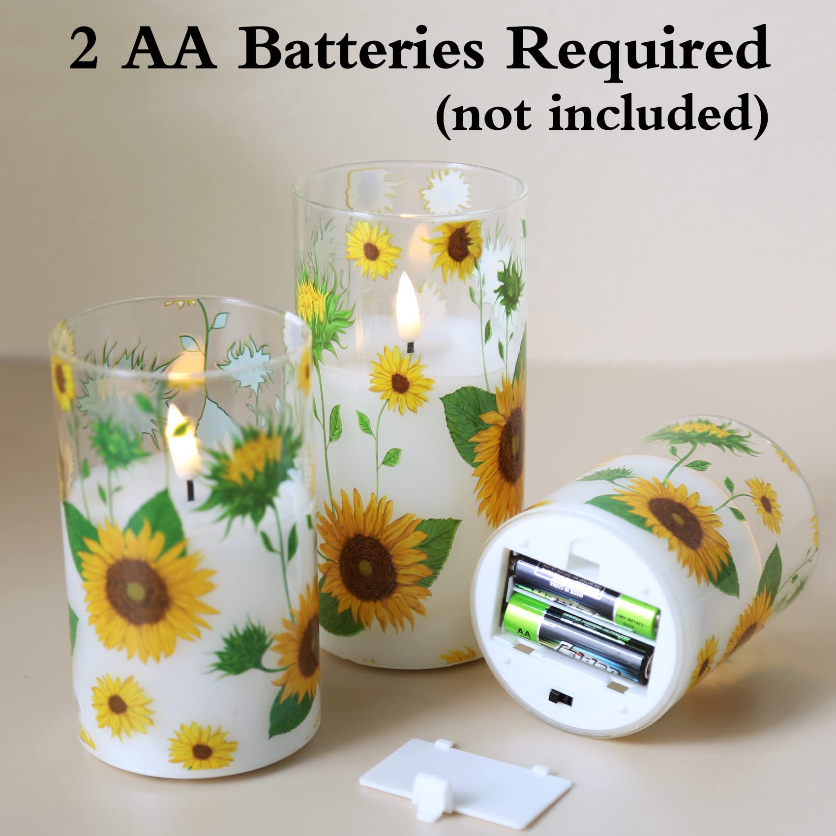 Girimax Sunflower Glass Flameless Candles With Remote, Battery Operated Flickering Led Pillar Candles Set Of 3