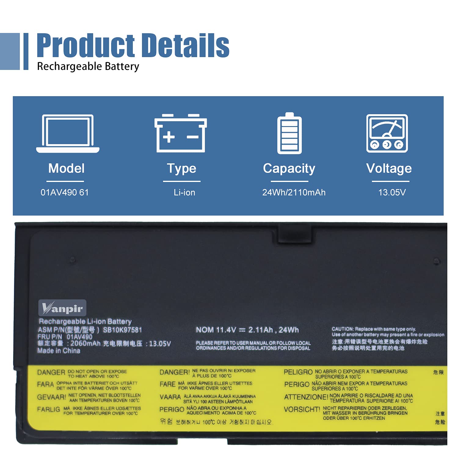 Vanpir 01Av490 Laptop Battery Compatible With Lenovo Thinkpad T570 T470 T480 T580 A485 A475 P51S P52S Tp25 Series Sb10K97580 01A