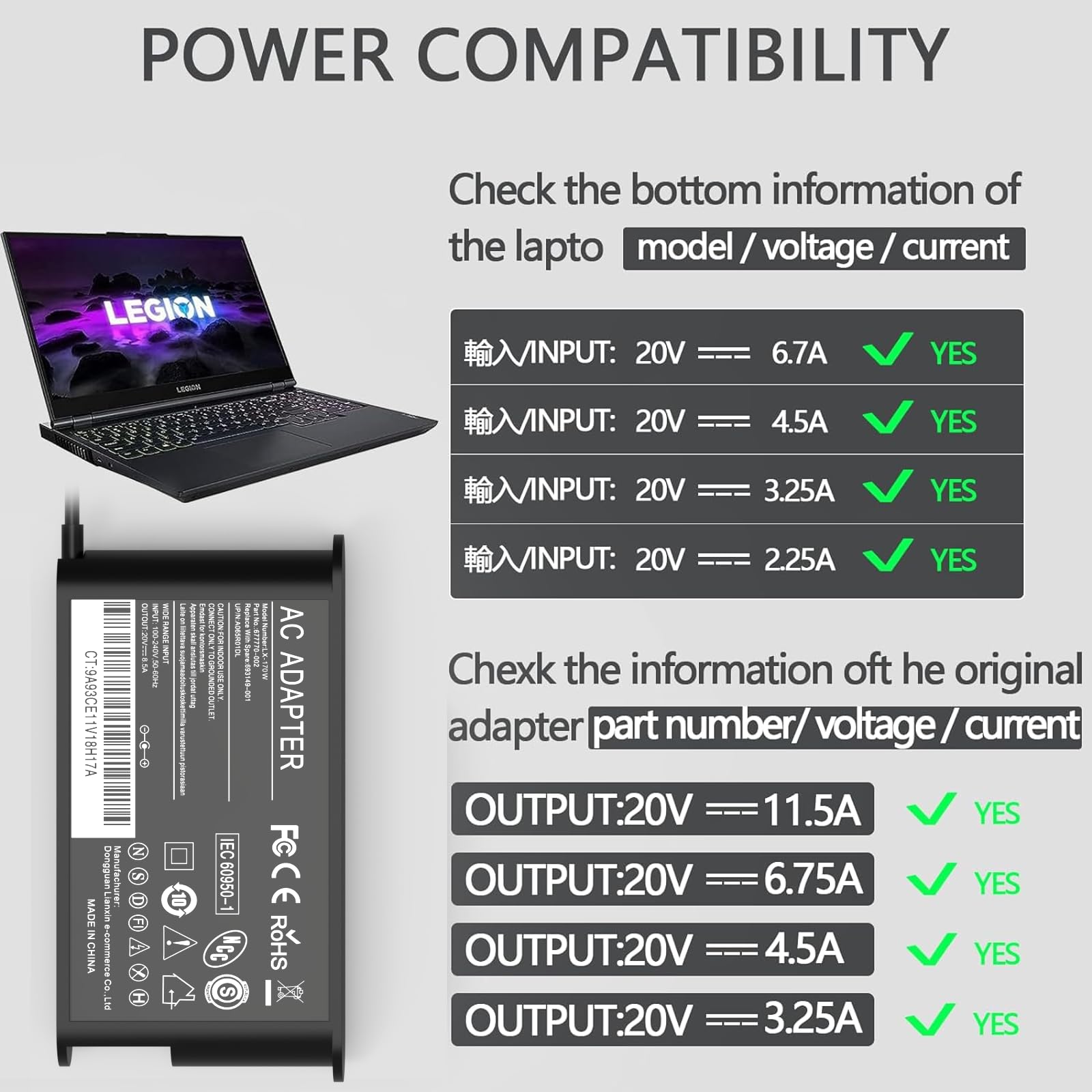 230W Slim Ac Adapter Charger For Lenovo Legion Legion 5 15 5I 15 5P 15 5Pro 16 Y540 15 Y545 15 Thinkpad P51 P52 P53 P51 P50 P70