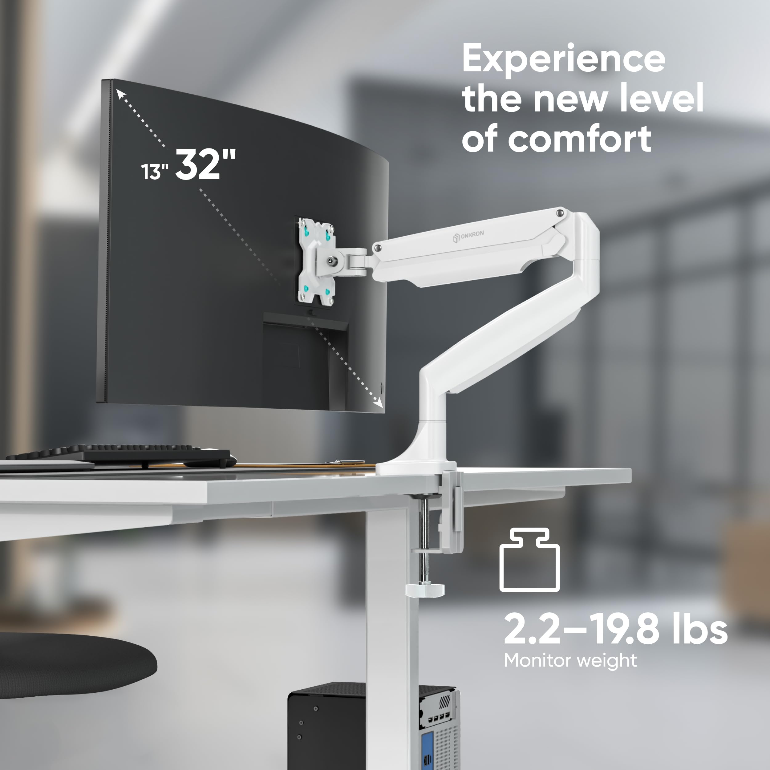 Onkron Single Monitor Arm White For 13 32 Inch Screens, Desk Mount Monitor Stand Up To 19.8 Lbs   Gas Spring Monitor Arm For Des