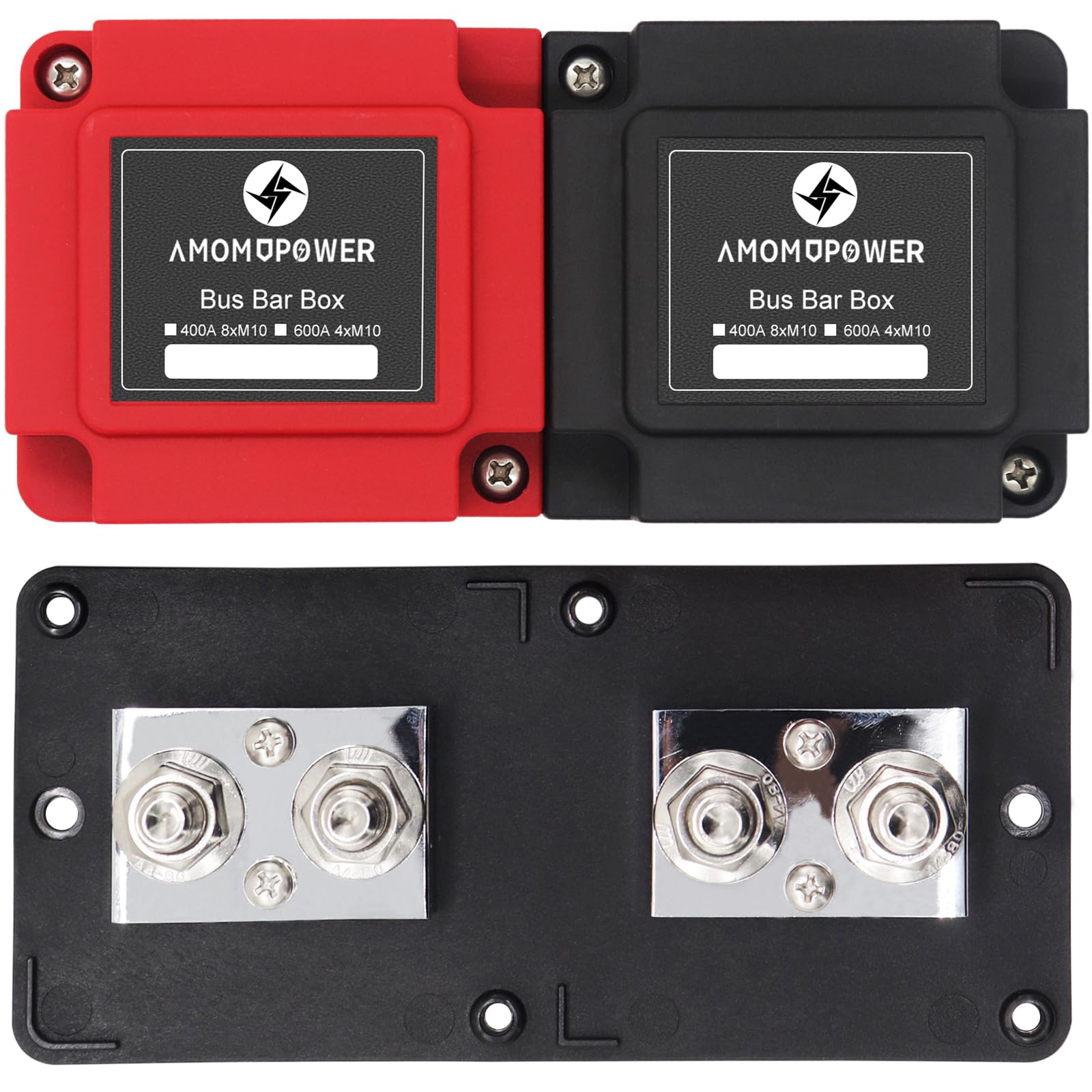 Amomd 600A 48V Bus Bar Box 4 Stud (3/8 Inch) M10 High Current Nickel Plated Copper Distribution Block Positive Negative Independ