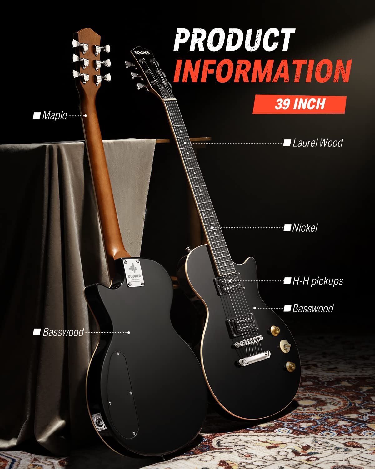 Donner Electric Guitar Lp Solid Body, Full Size 39 Inch Electric Guitar Beginner Kit Black With Bag, Cable, Strap, Dlp 124B