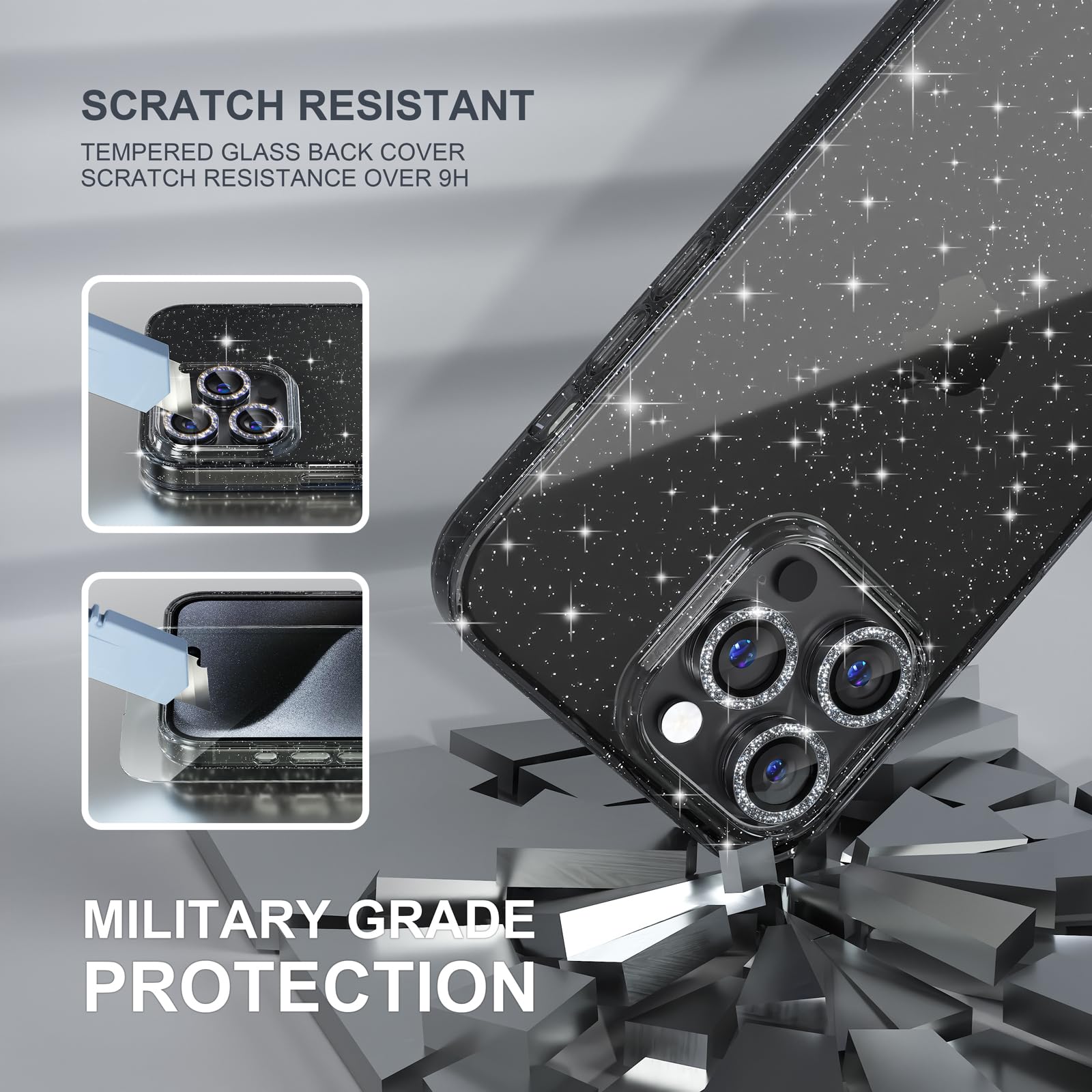 Choiche Compatible For Iphone 15 Pro Max Case, Women Cute Clear Glitter Bling Sparkly Case, [3 X Diamond Camera Lens Protectors]