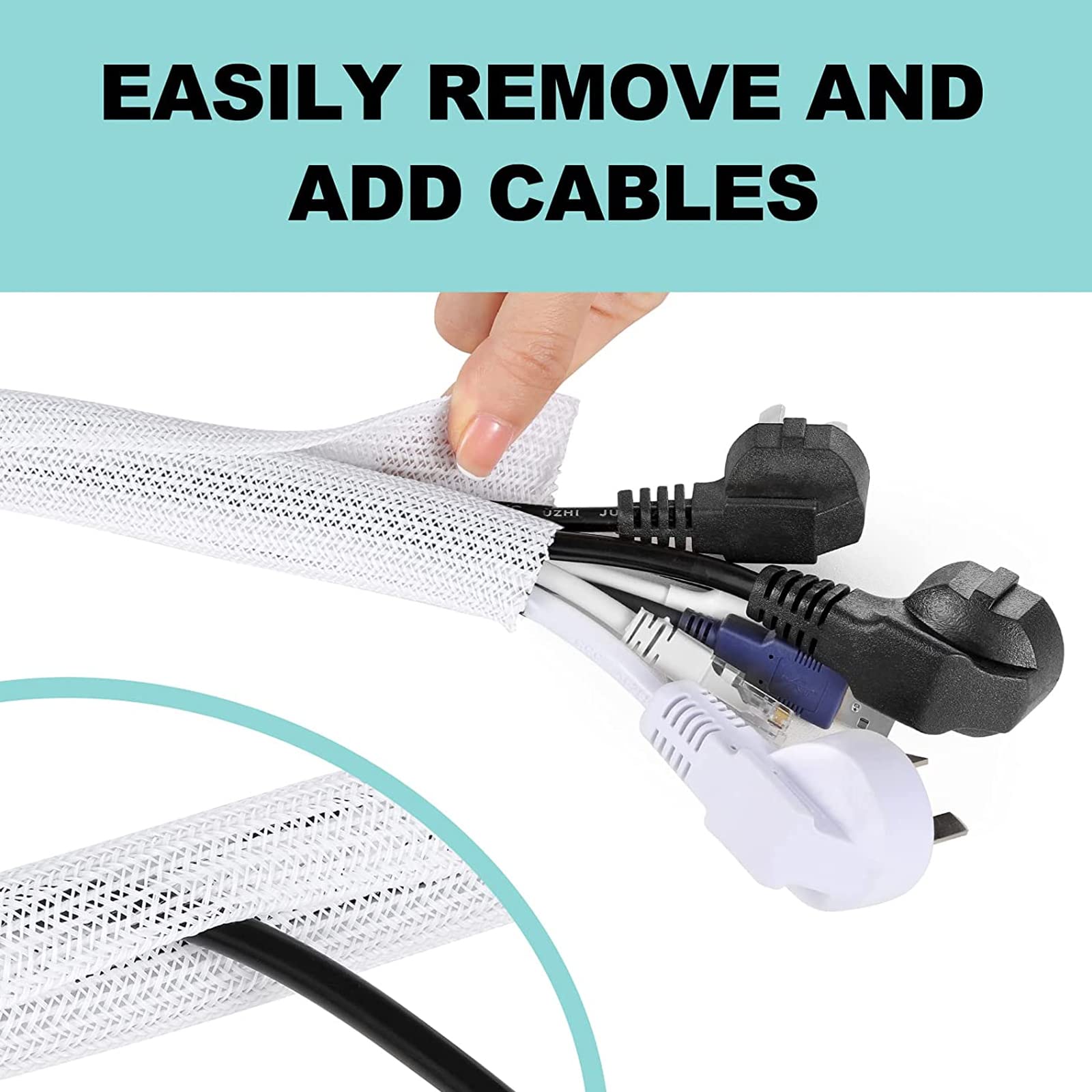 Agptek White Cable Sleeve Cover, 2Pack 5Ft   1.8 Inch Cord Management Wire Organizer Under Desk, Home Office Computer Wire Cover