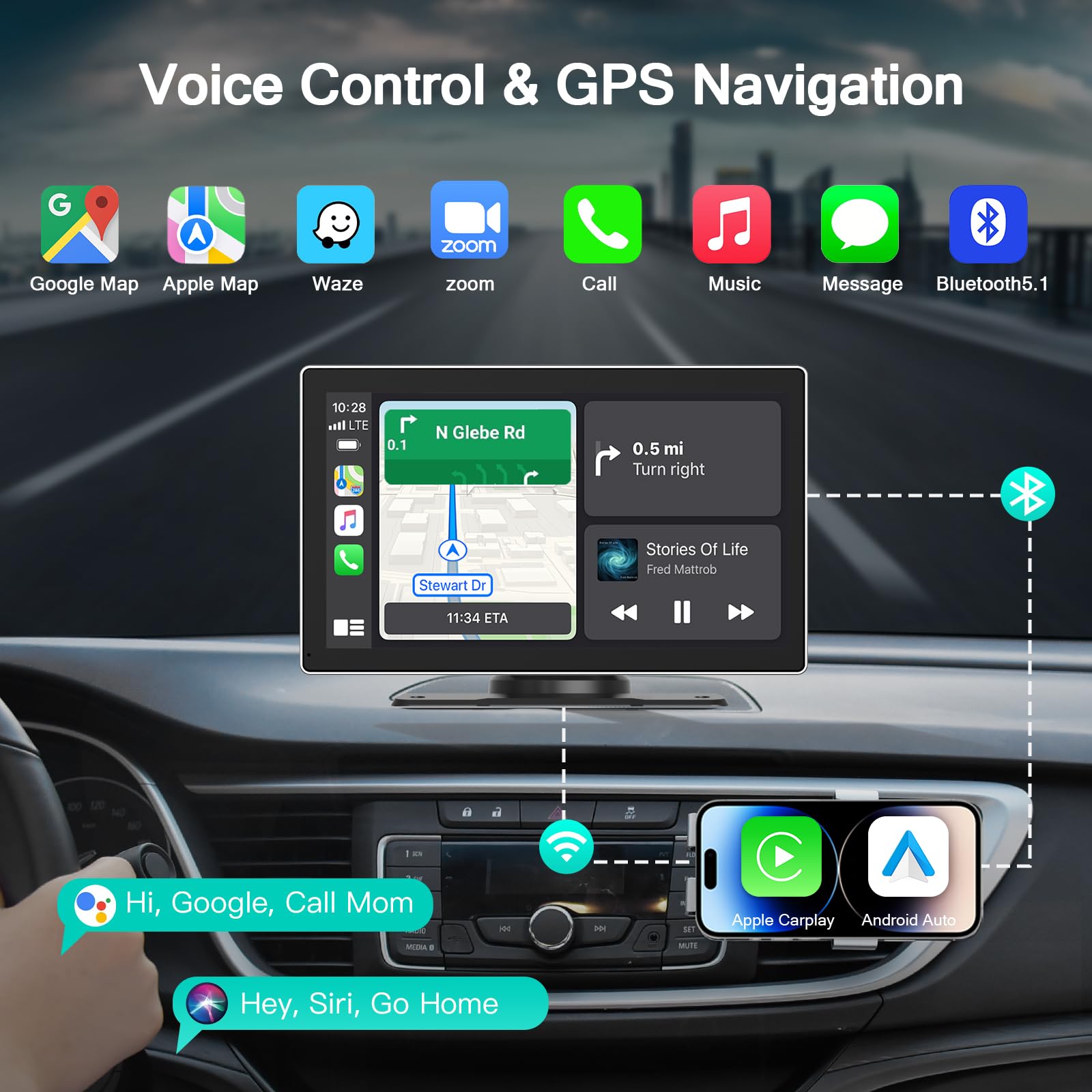 Madoec Portable Apple Carplay Screen For Car, 9'' Wireless Apple Carplay & Android Auto,4K Dash Cam,1080P Backup Camera Dvr,Car