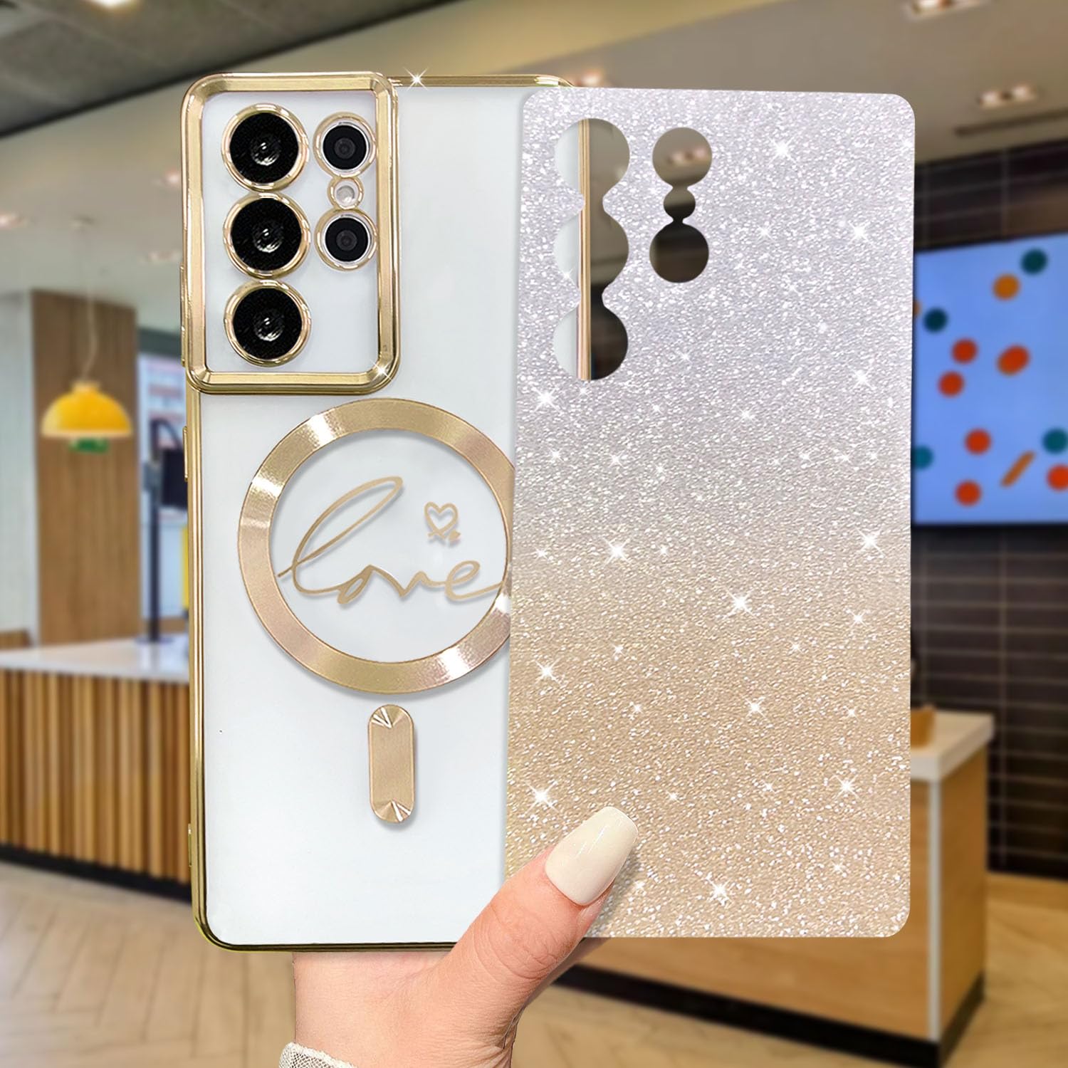 Zonrw For Samsung Galaxy S21 Ultra Case Magnetic,For Women Girl Soft Cute Luxury Love Heart Plating Bling Gradient Glitter Clear