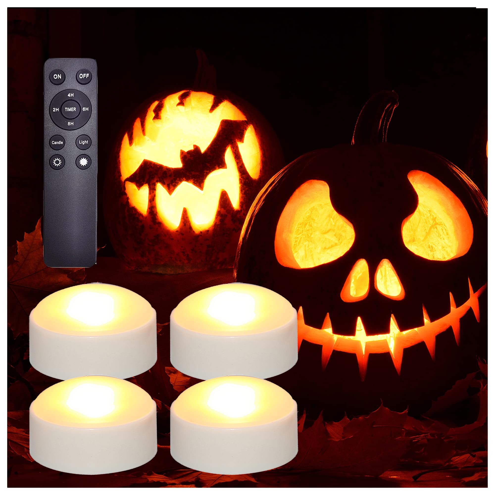 Izan 4 Pack Battery Operated Led Pumpkin Lights With Remote And Timer, Bright Flickering Flameless Candle Set For Pumpkin D  Cor