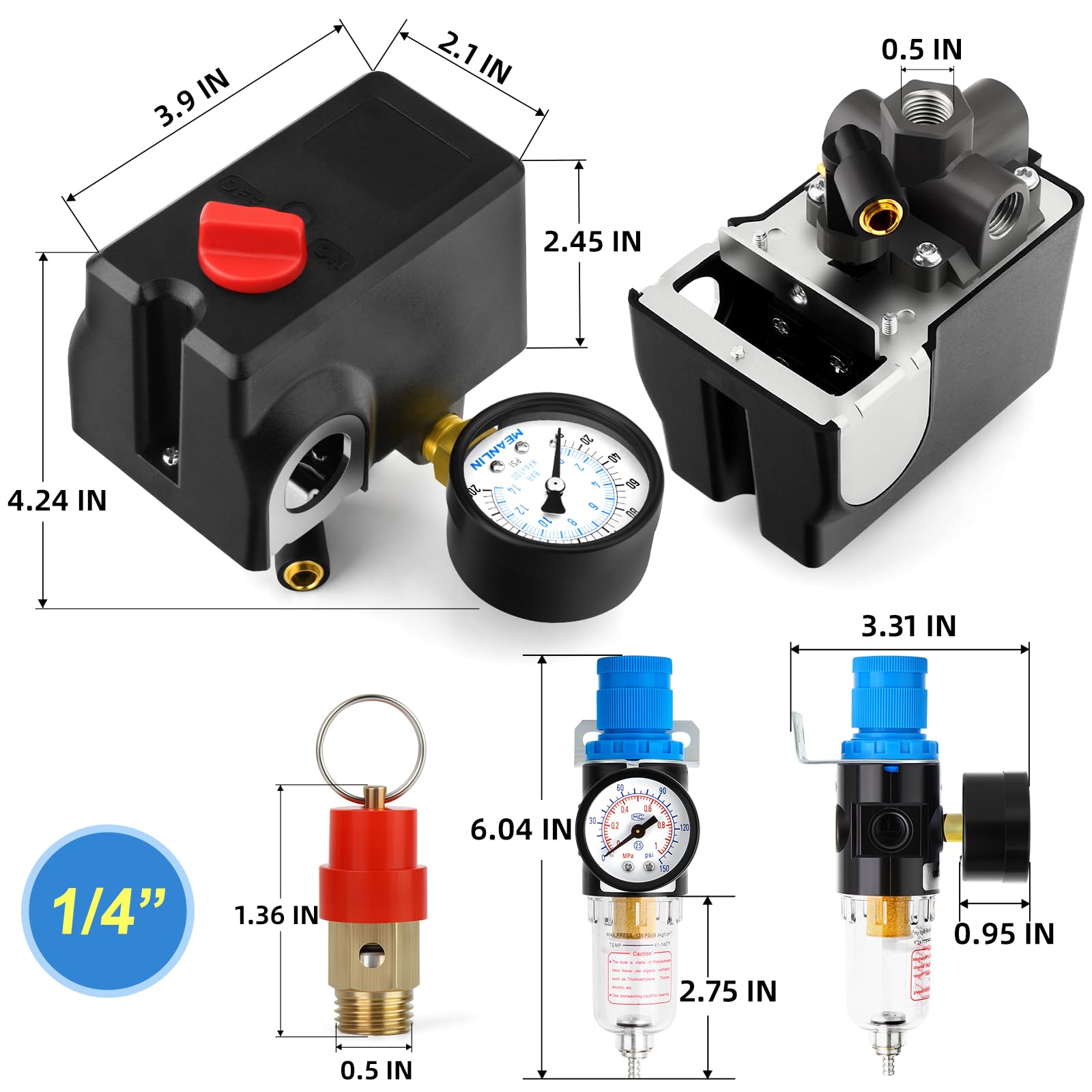 Meanlin Measure Air Compressor Pressure Switch Control Valve 120-155 Psi 110V-240V 4-Way Lateral Port Replacement Parts With Afr