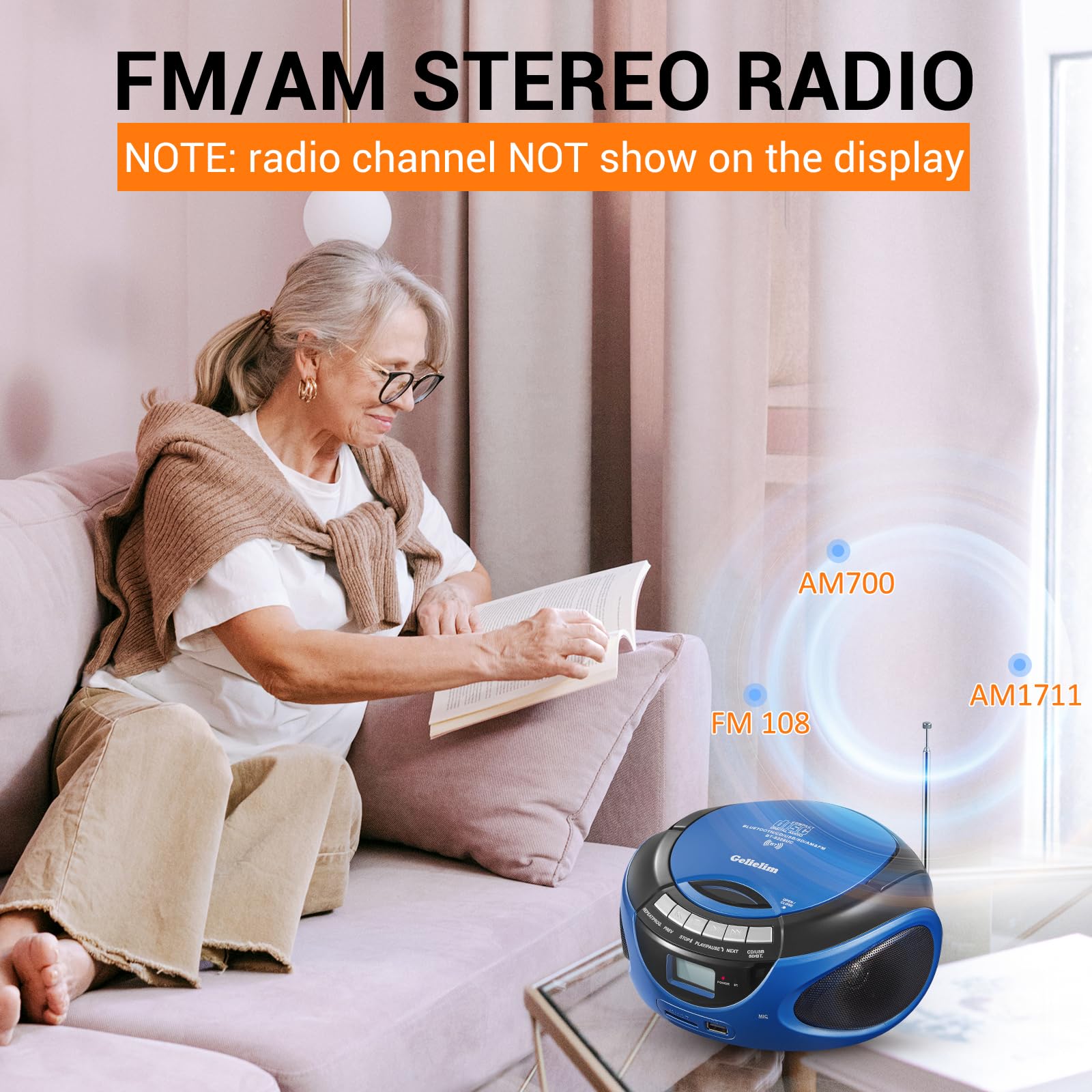 Gelielim Boombox Cd Player, Cd Players For Home With Bluetooth, Am Fm Radio, Portable Cd Boombox Support Usb, Sd, Mmc Drive, Lcd